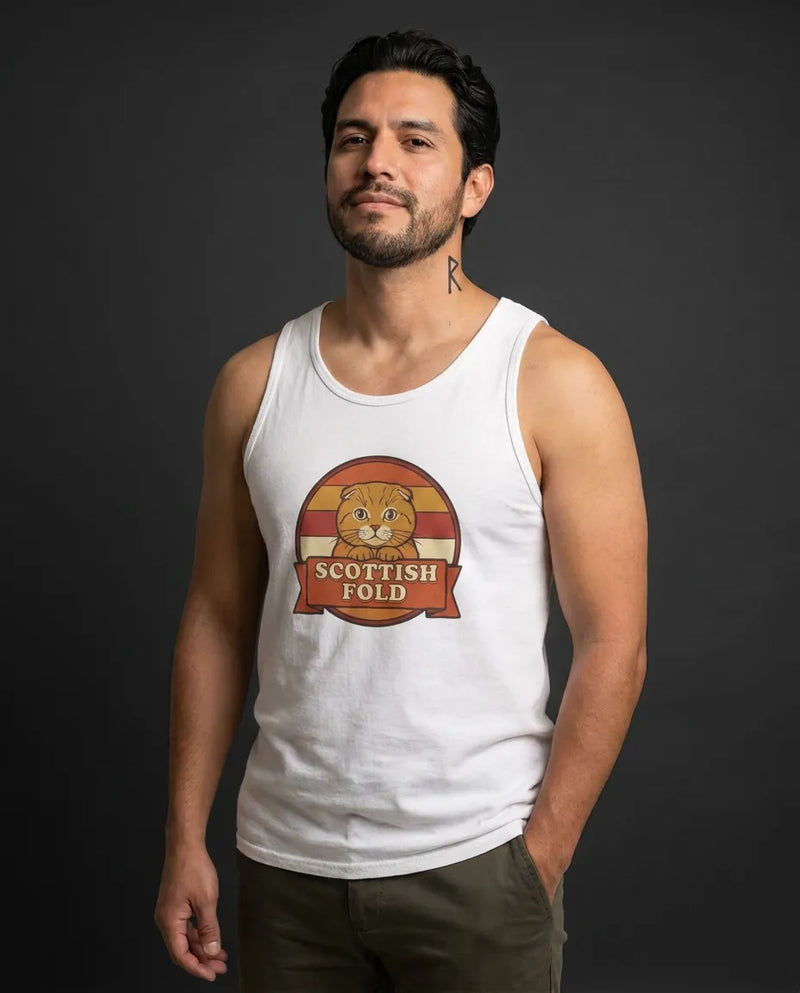 Scottish Fold Retro Sunset Tank Top - Soft Jersey Retail Fit - Unisex White