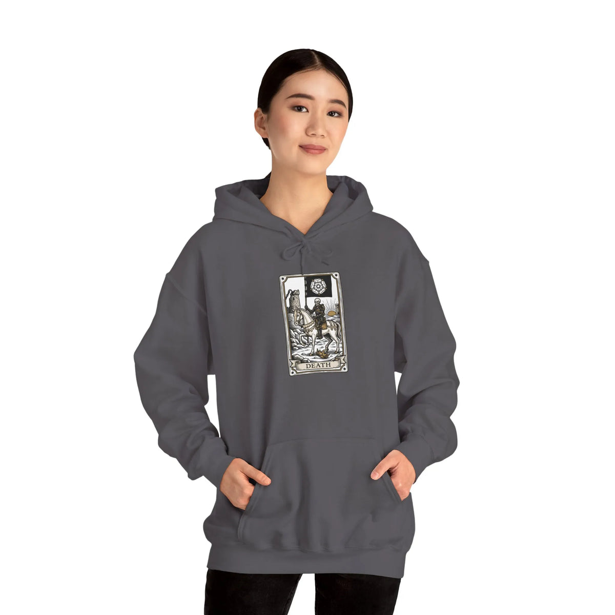 Death Tarot Card Graphic Hoodie - Medium-Heavy Cotton-Poly Blend Pullover - Unisex White