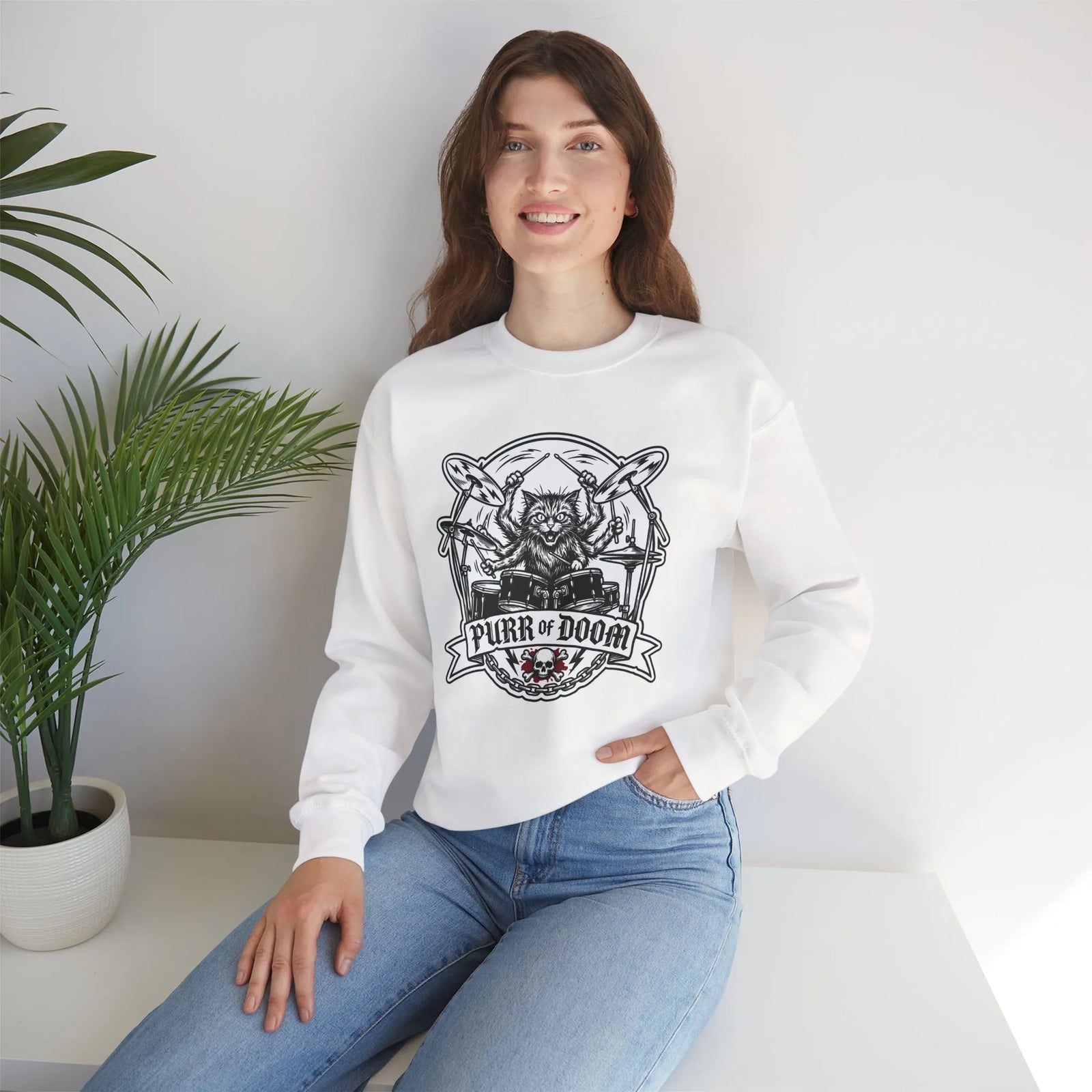 Heavy Metal Rocker Cats Drummer Sweatshirt - Heavy Blend Cotton Blend Crewneck - Unisex White