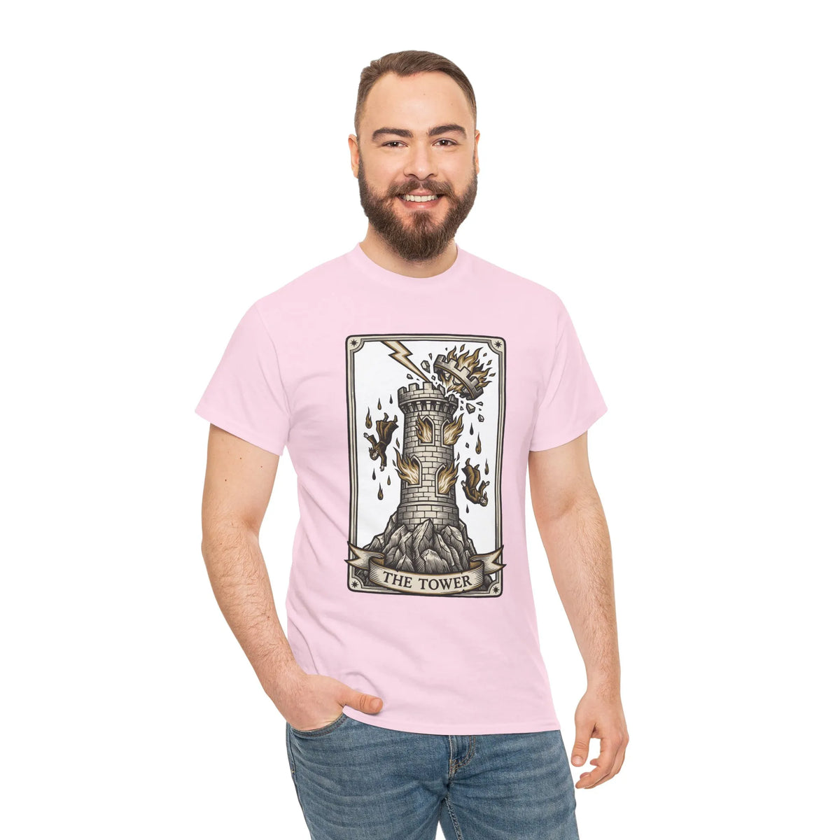 The Tower Tarot Card Graphic T-Shirt - Heavy Cotton Classic Fit Tee - Unisex White