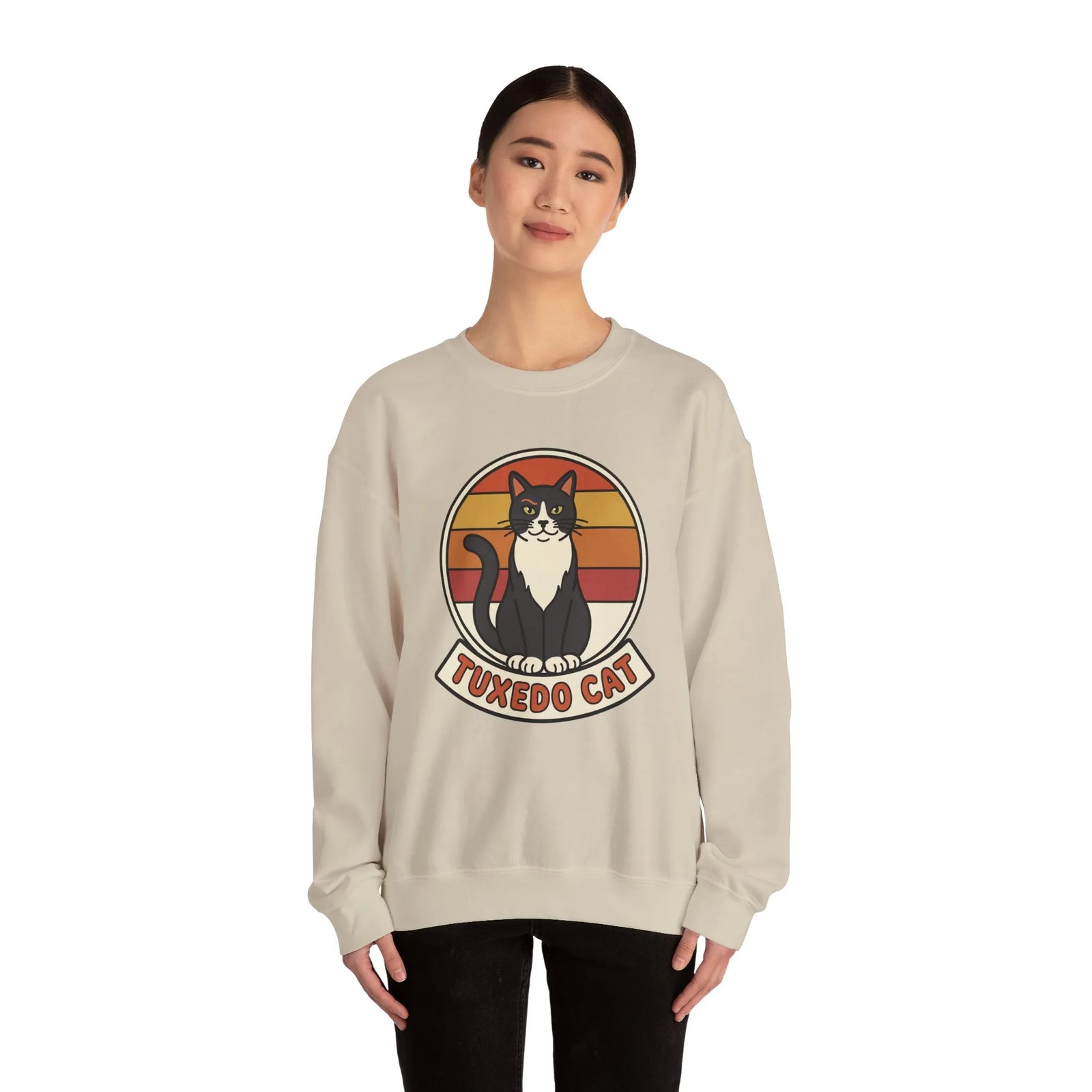 Tuxedo Cat Retro Sunset Sweatshirt - Heavy Blend Fleece Crewneck - Unisex Ash
