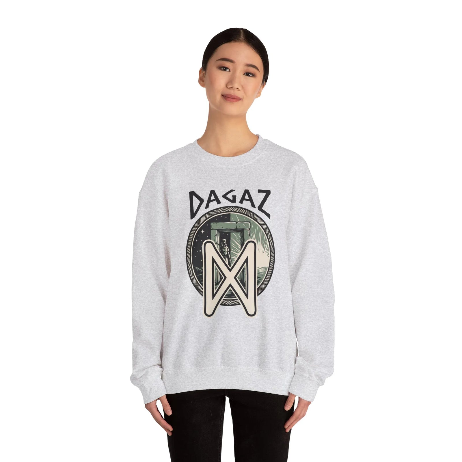 Dagaz Rune Dawn Dusk Graphic Sweatshirt - Heavyweight Cotton Poly Blend Crewneck - Unisex White