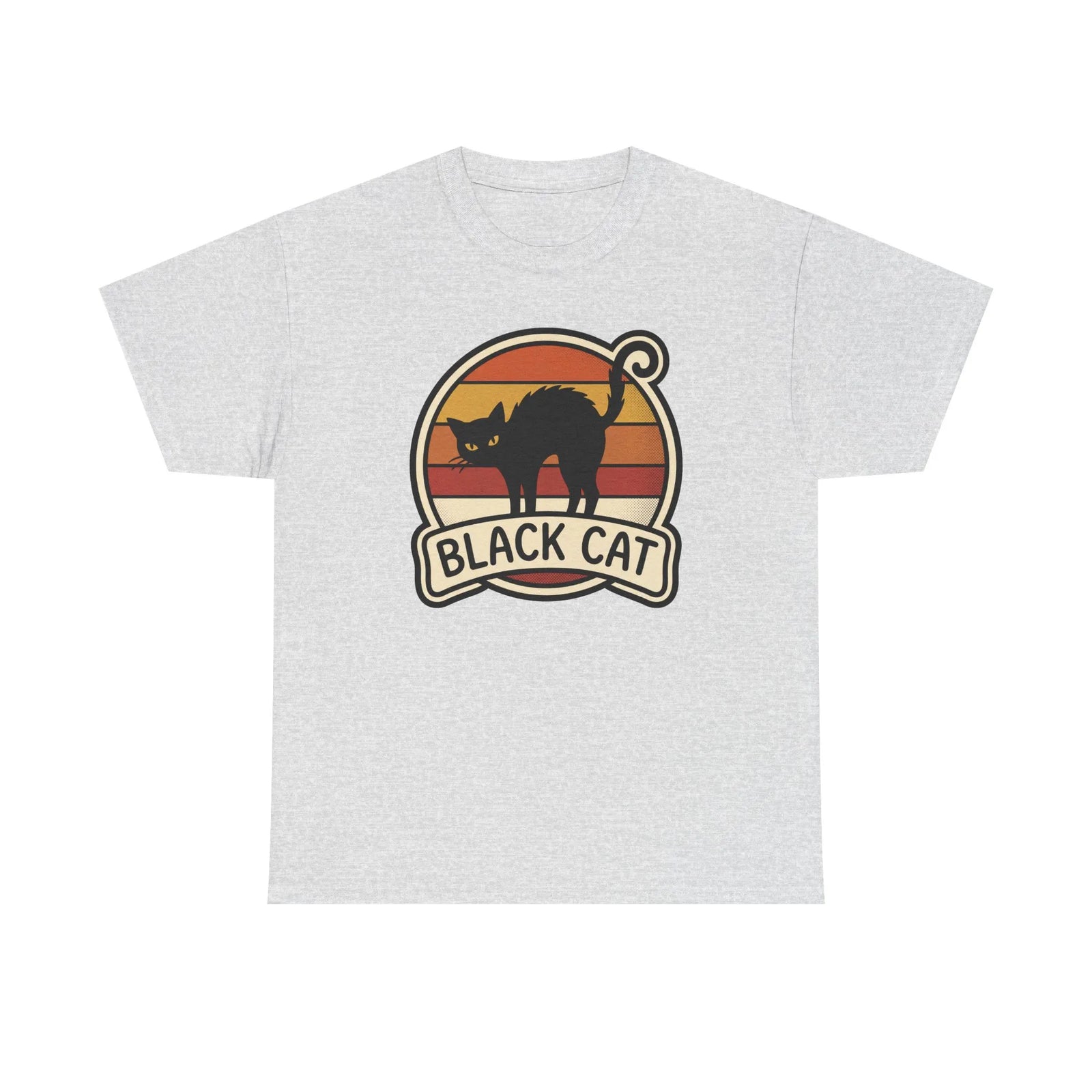 Black Cat Retro Sunset T-Shirt - Heavyweight 100% Cotton Classic Tee - Unisex White