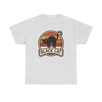 Black Cat Retro Sunset T-Shirt - Heavyweight 100% Cotton Classic Tee - Unisex White