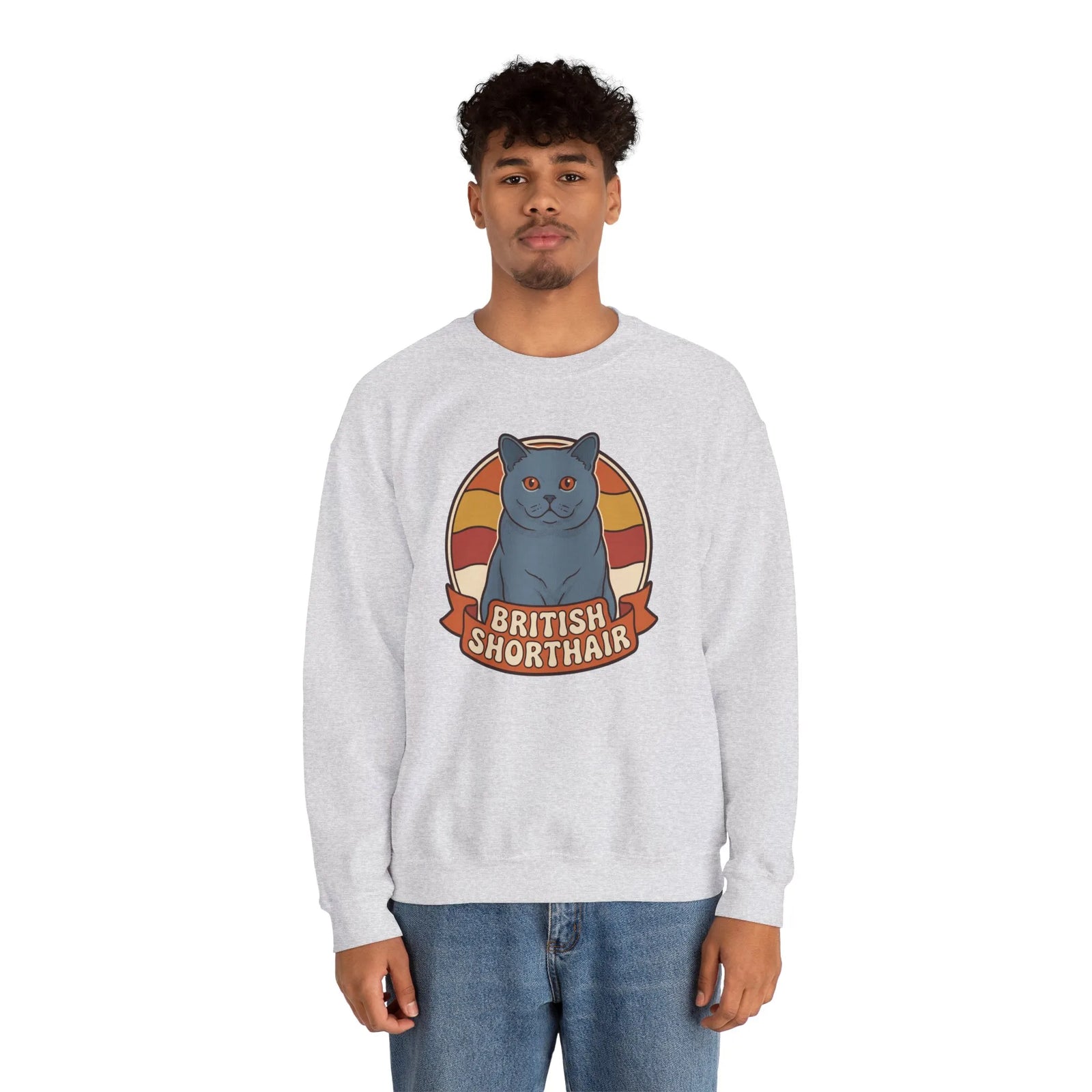 British Shorthair Retro Sunset Cat Sweatshirt - Heavy Blend Fleece Crewneck - Unisex White