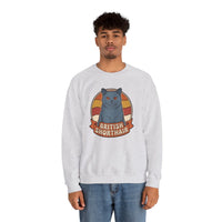 British Shorthair Retro Sunset Cat Sweatshirt - Heavy Blend Fleece Crewneck - Unisex White