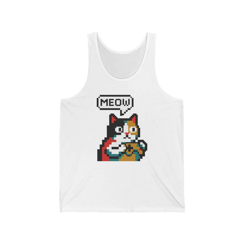 Player One 8-Bit Pixel Gaming Cats Tank Top - Lightweight Cotton Blend Jersey - Unisex White