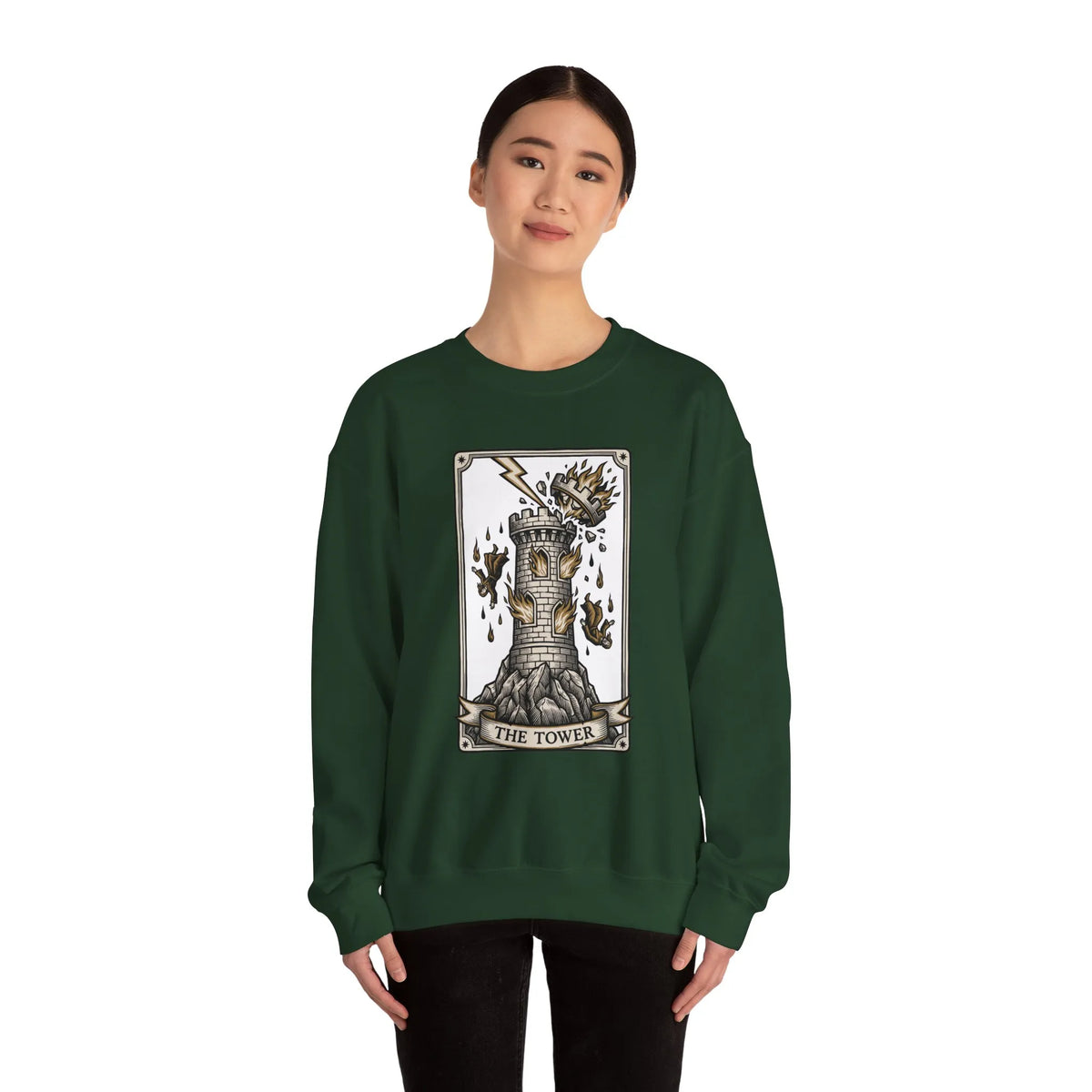 The Tower Tarot Card Sweatshirt - Heavy Blend Fleece Crewneck - Unisex White