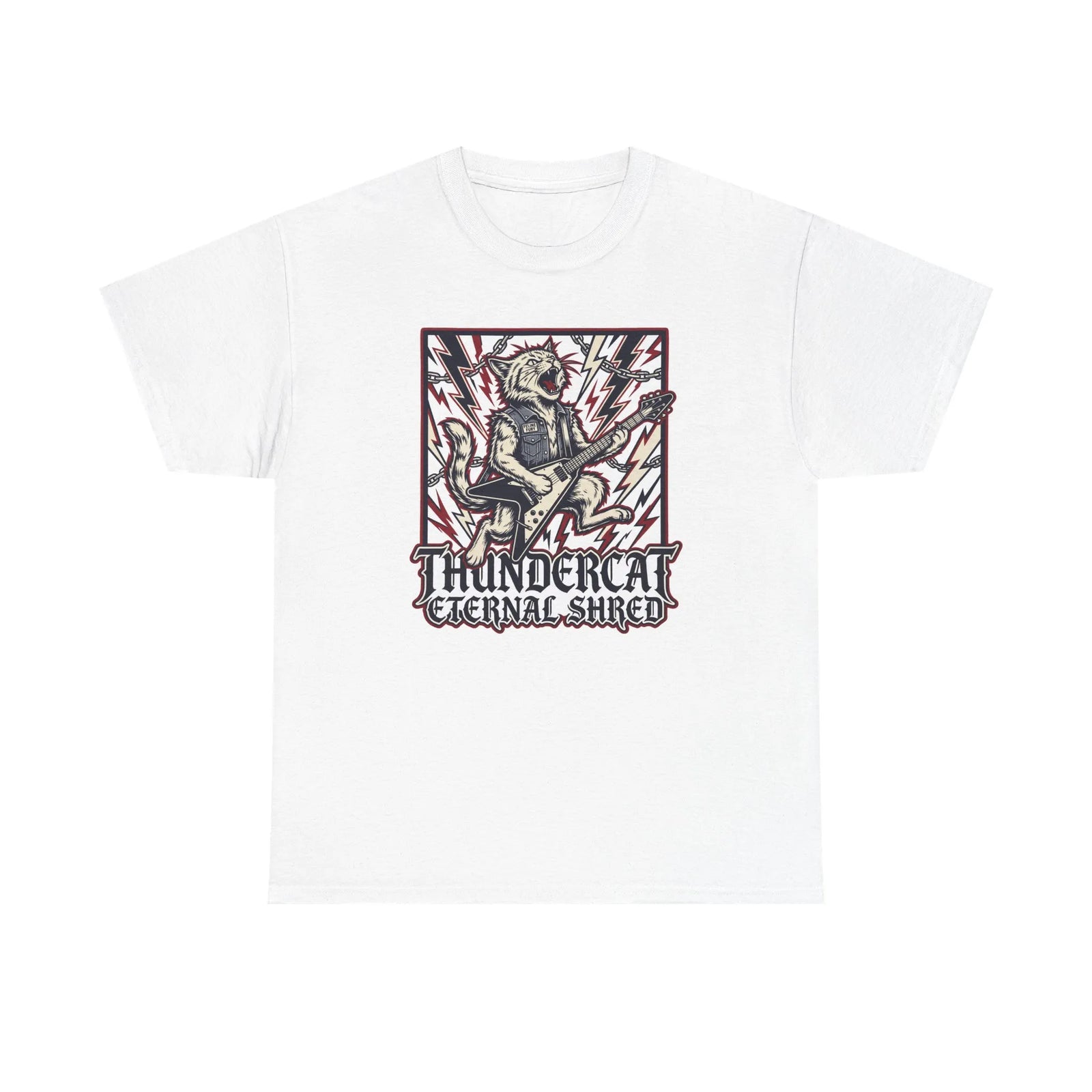 Guitar Solo Rocker Cat T-Shirt - Heavy Cotton Classic Fit Tee - Unisex White