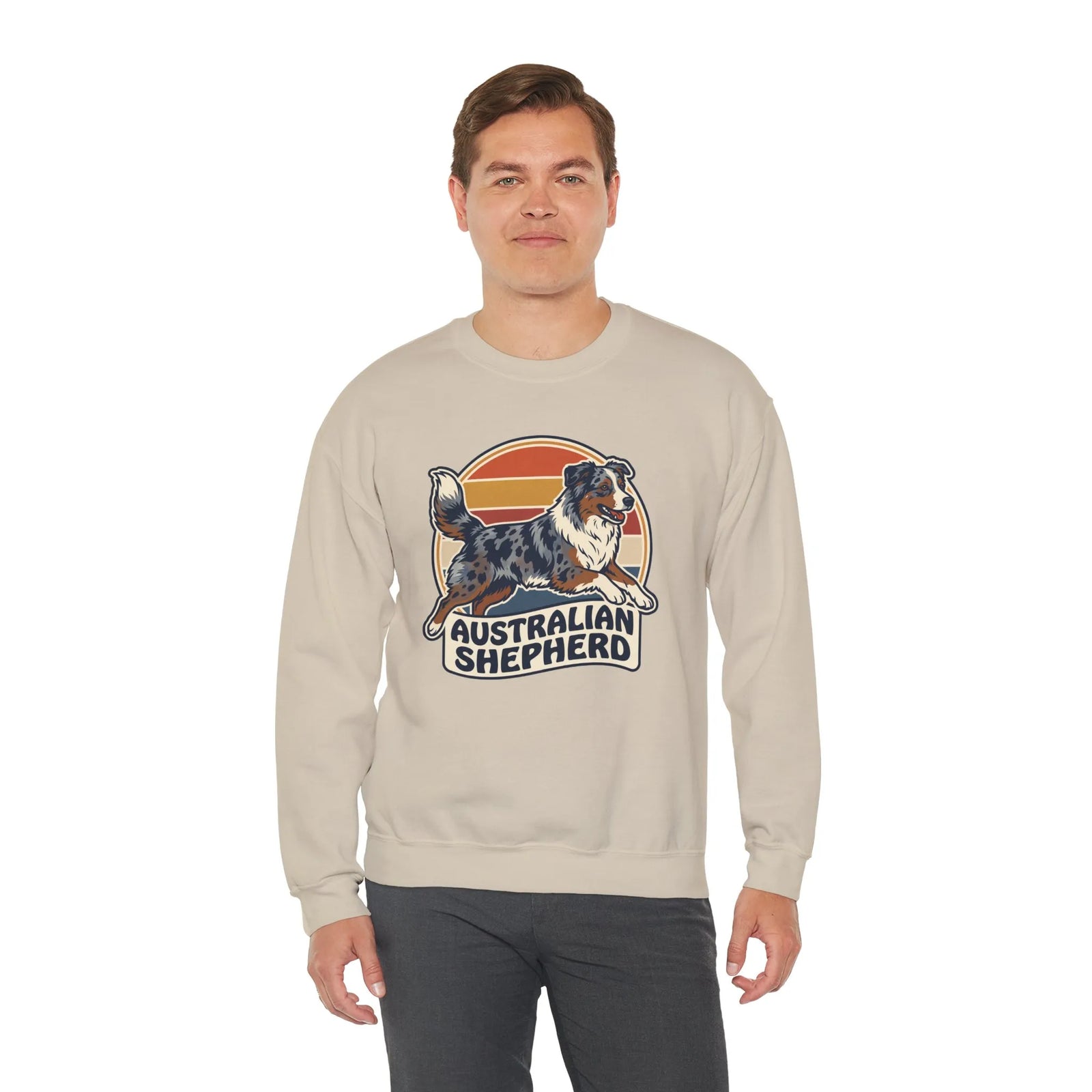 Australian Shepherd Retro 70s Sunset Sweatshirt - Heavy Blend Cotton Poly Crewneck - Unisex White