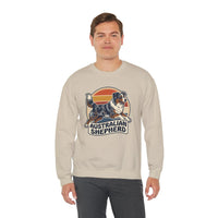 Australian Shepherd Retro 70s Sunset Sweatshirt - Heavy Blend Cotton Poly Crewneck - Unisex White