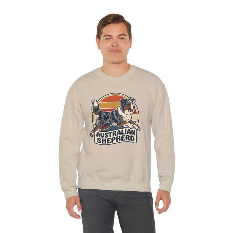 Australian Shepherd Retro 70s Sunset Sweatshirt - Heavy Blend Cotton Poly Crewneck - Unisex White