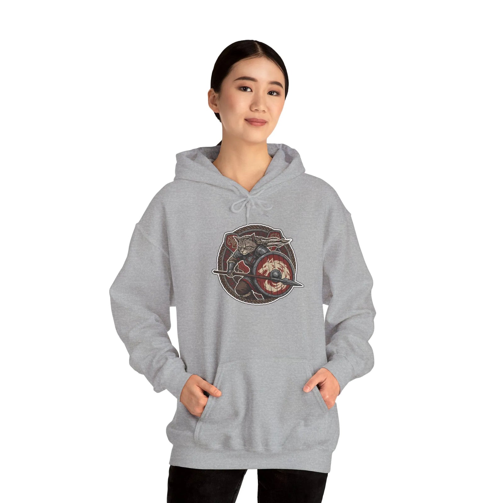 Viking Berserker Cat Shieldmaiden Hoodie - Heavy Blend Fleece Pullover - Unisex White