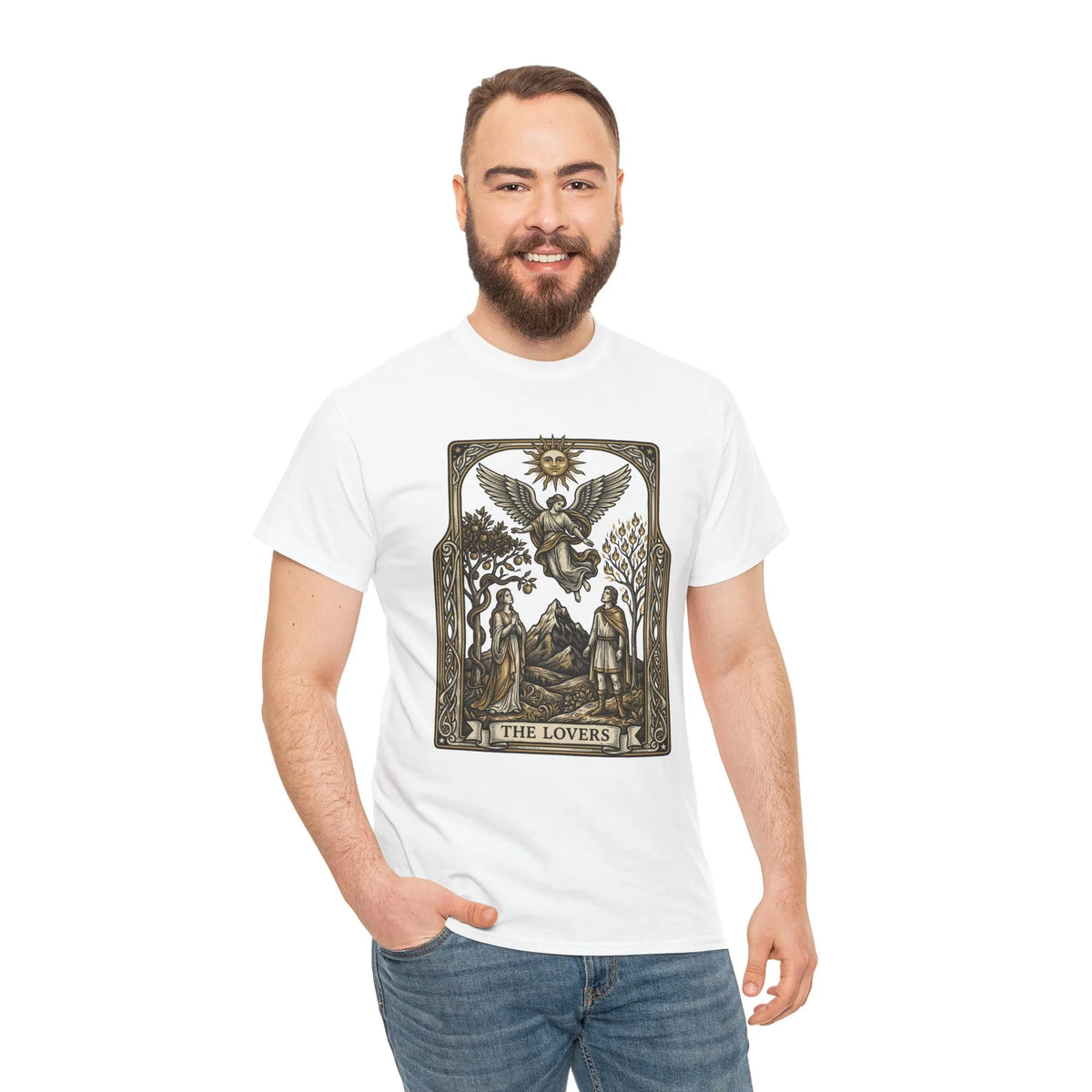 The Lovers Tarot Card Graphic T-Shirt - Heavy Cotton Classic Fit Tee - Unisex White