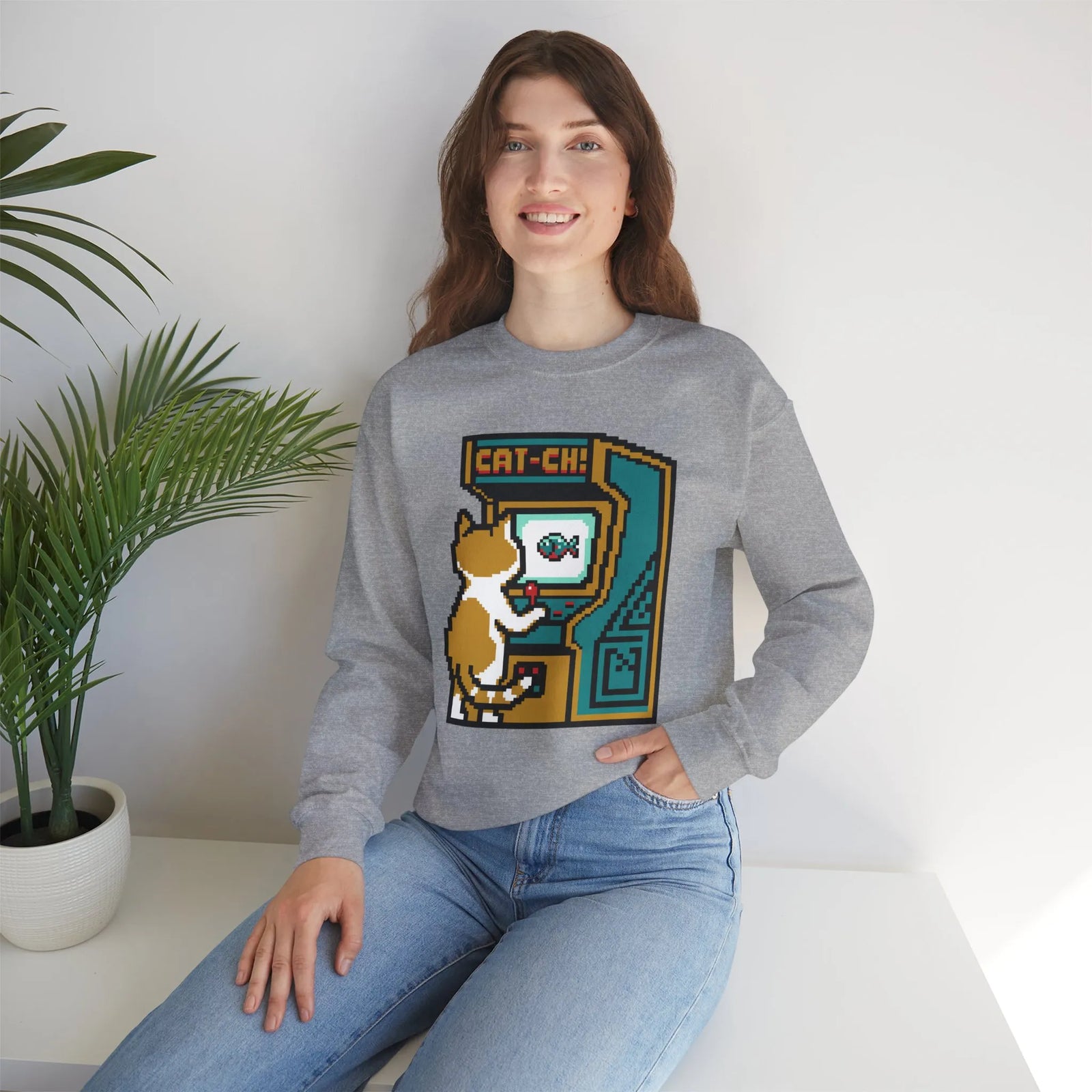 Arcade Night Pixel Gaming Cats Sweatshirt - Heavy Blend Fleece Crewneck - Unisex White