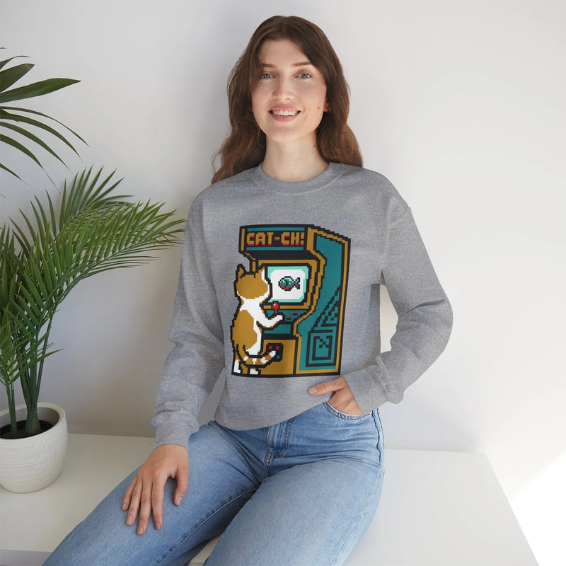 Arcade Night Pixel Gaming Cats Sweatshirt - Heavy Blend Fleece Crewneck - Unisex White