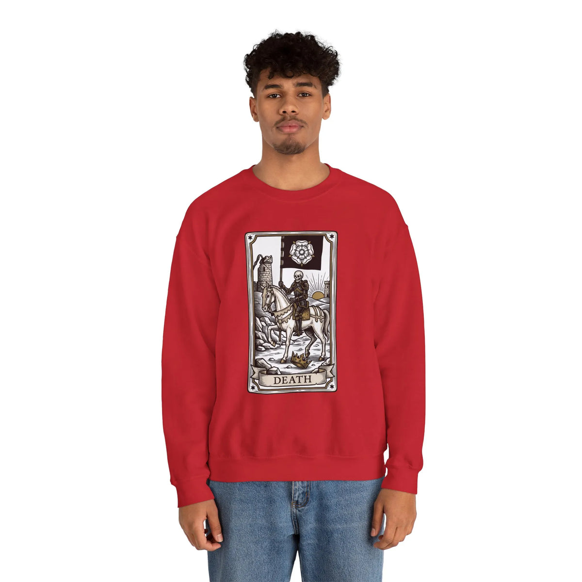Tarot Death Card Graphic Sweatshirt - Heavy Blend Classic Fit Crewneck - Unisex White