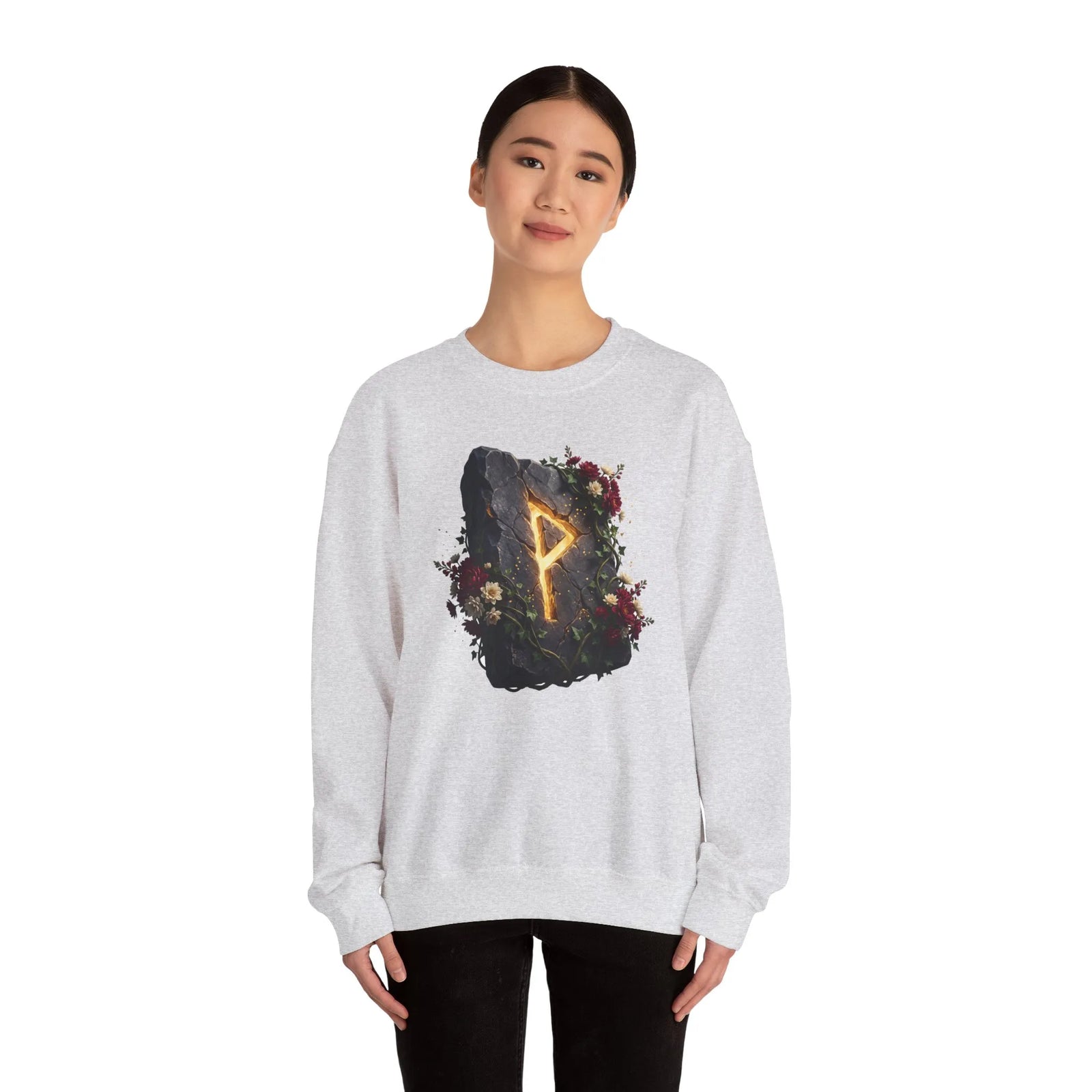 Wunjo Rune Blossom Sweatshirt - Heavy Blend Crewneck Fleece - Unisex Ash