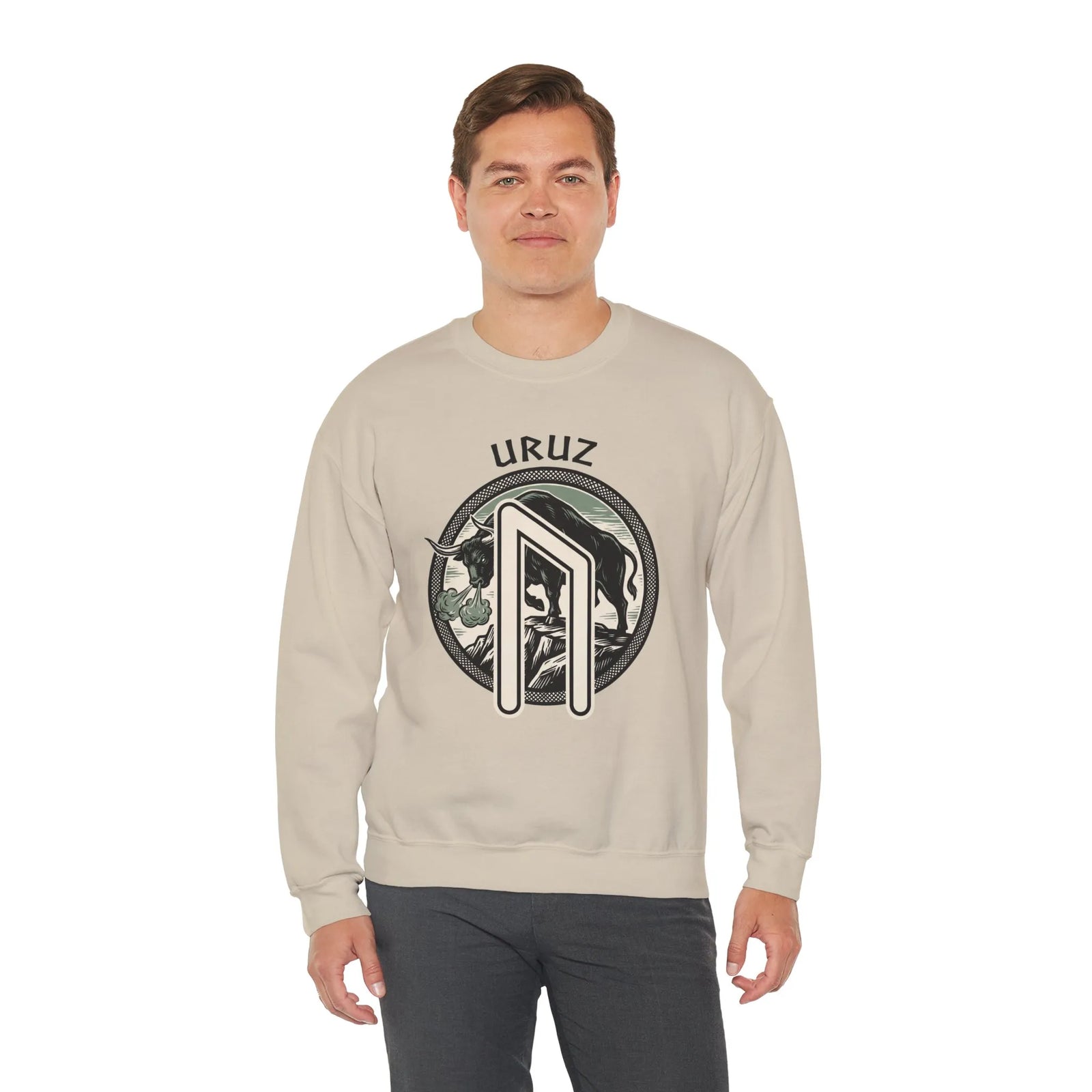 Uruz Rune Bull Norse Mythology Sweatshirt - Heavy Blend Cotton Poly Crewneck - Unisex White