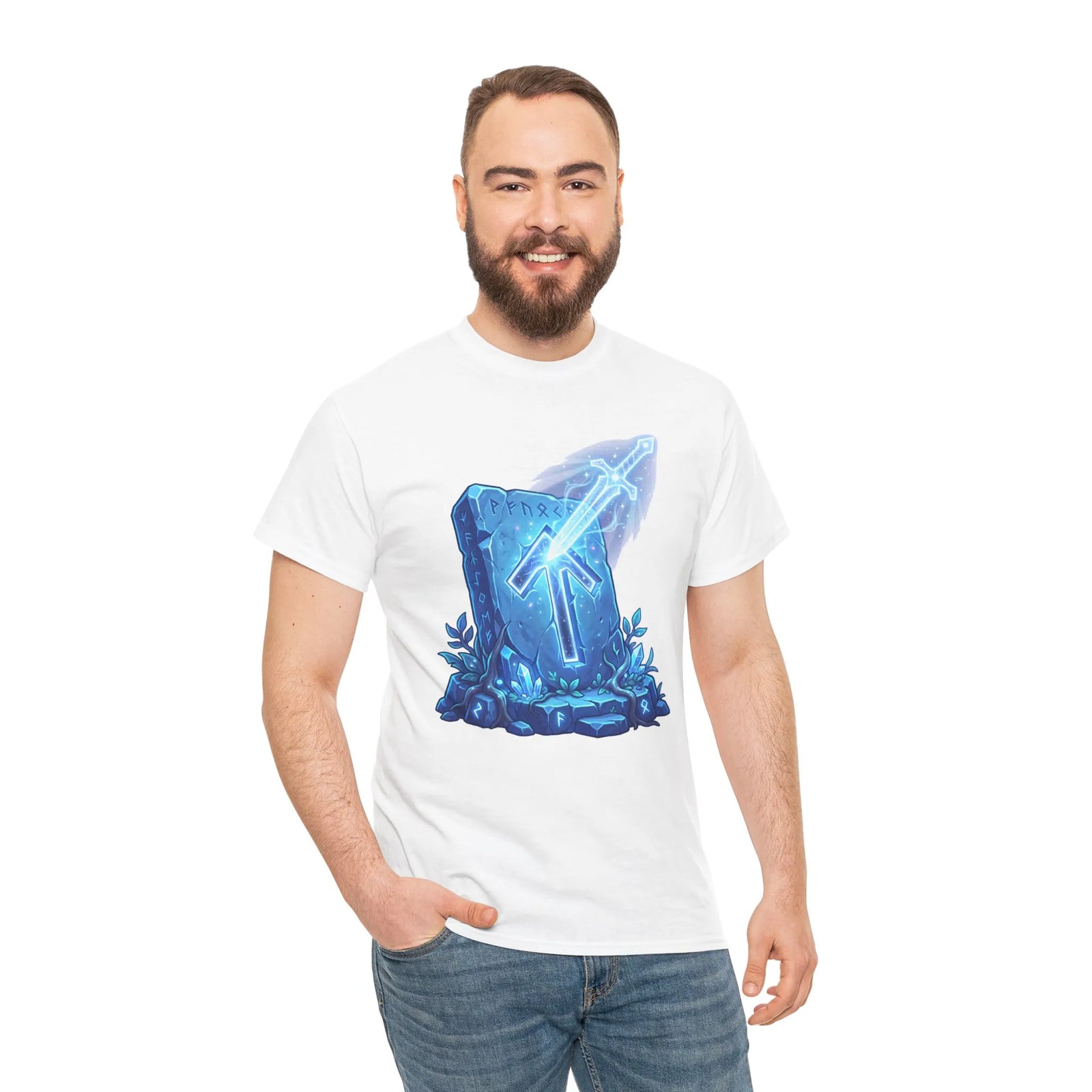 Tiwaz Tyr Sky Sword Graphic T-Shirt - Heavy Cotton Classic Fit Tee - Unisex White