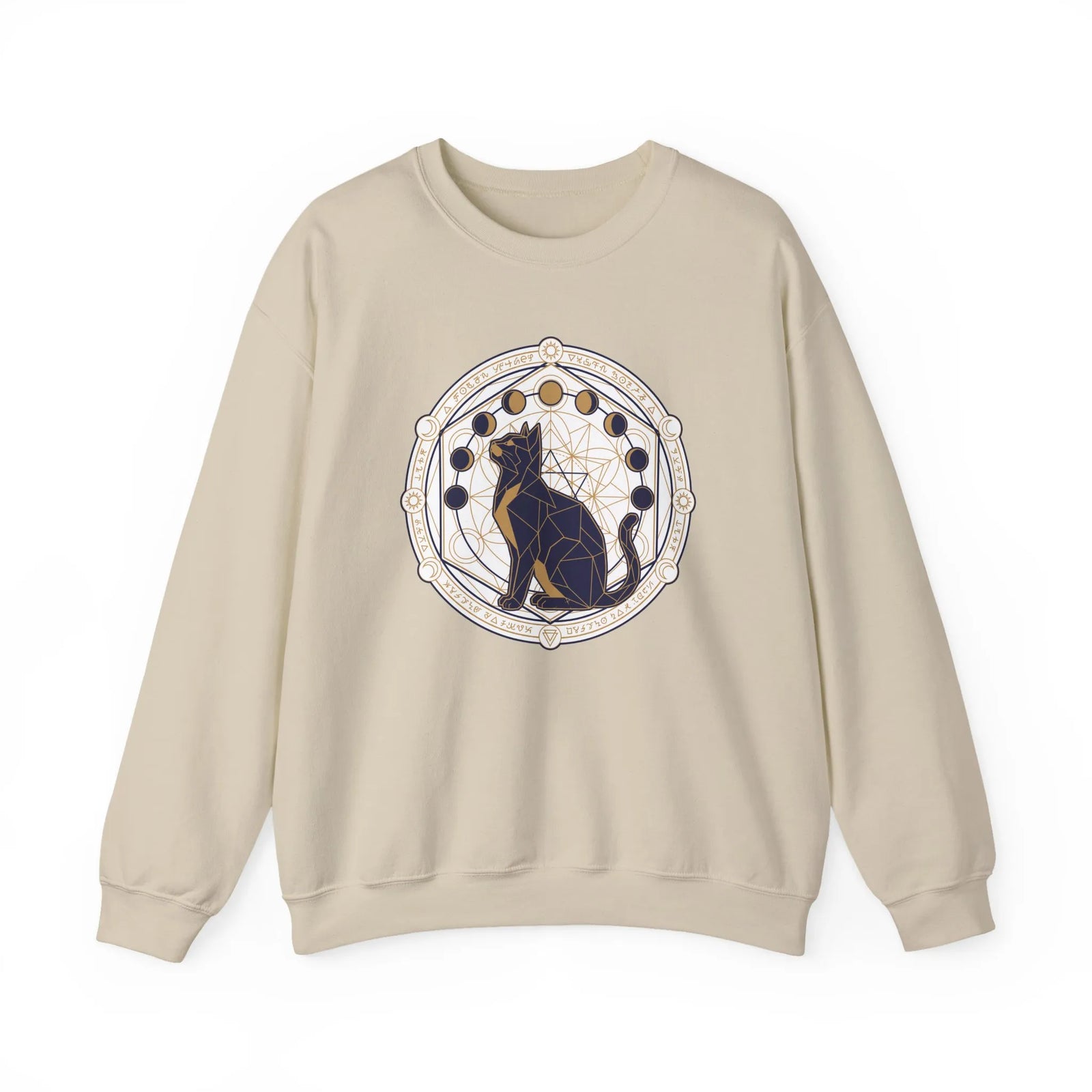 Moon Phases Sacred Geometry Cat Sweatshirt - Heavy Blend Cotton Polyester Crewneck - Unisex White