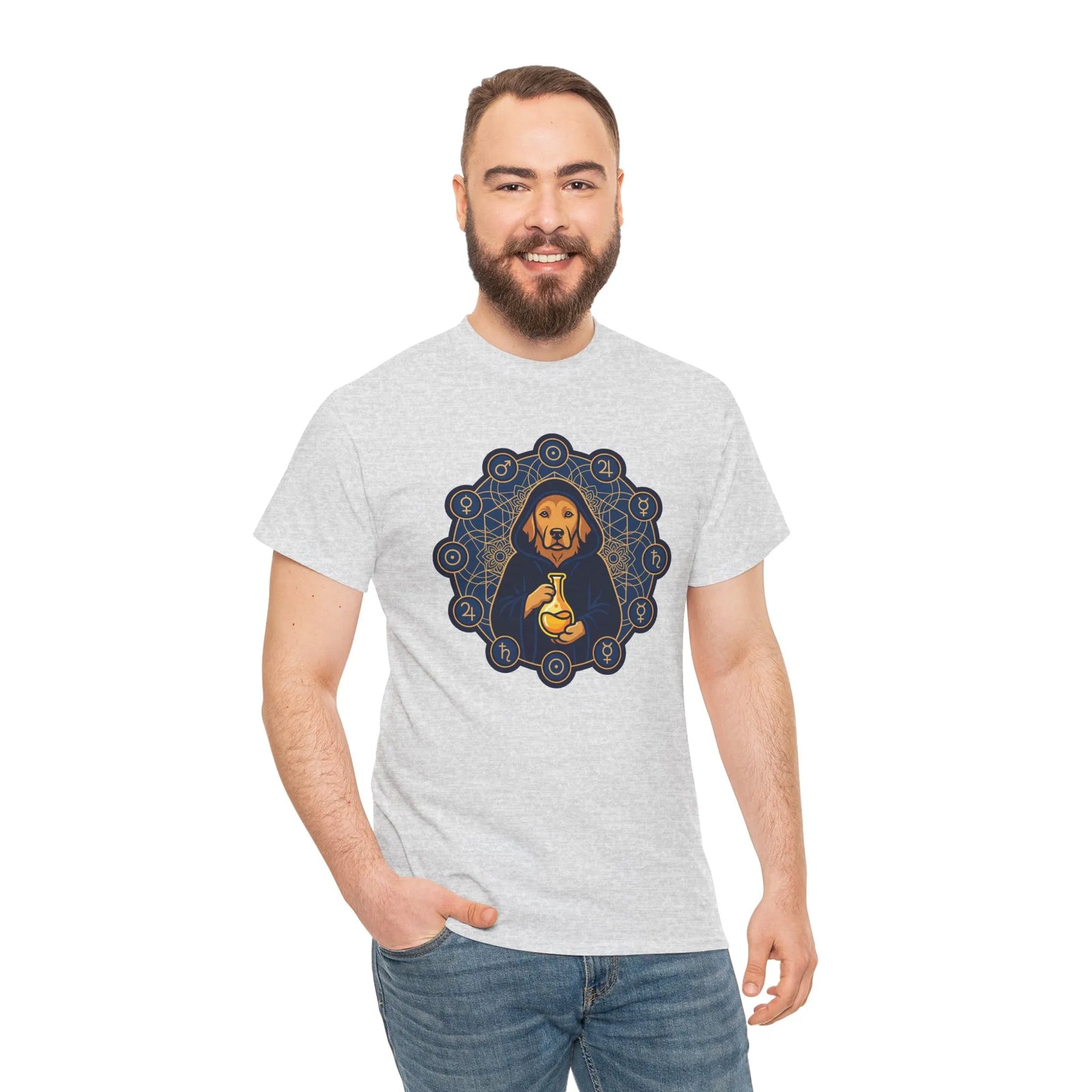 Alchemist Dog Sacred Geometry T-Shirt - Heavy Cotton Classic Fit Tee - Unisex White