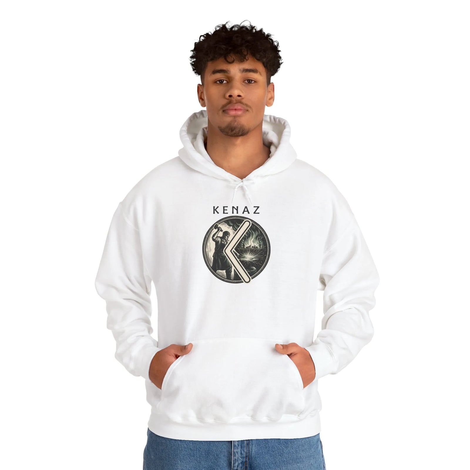Kenaz Rune Forge Blacksmith Hoodie - Heavy Blend Fleece Pullover - Unisex Off White