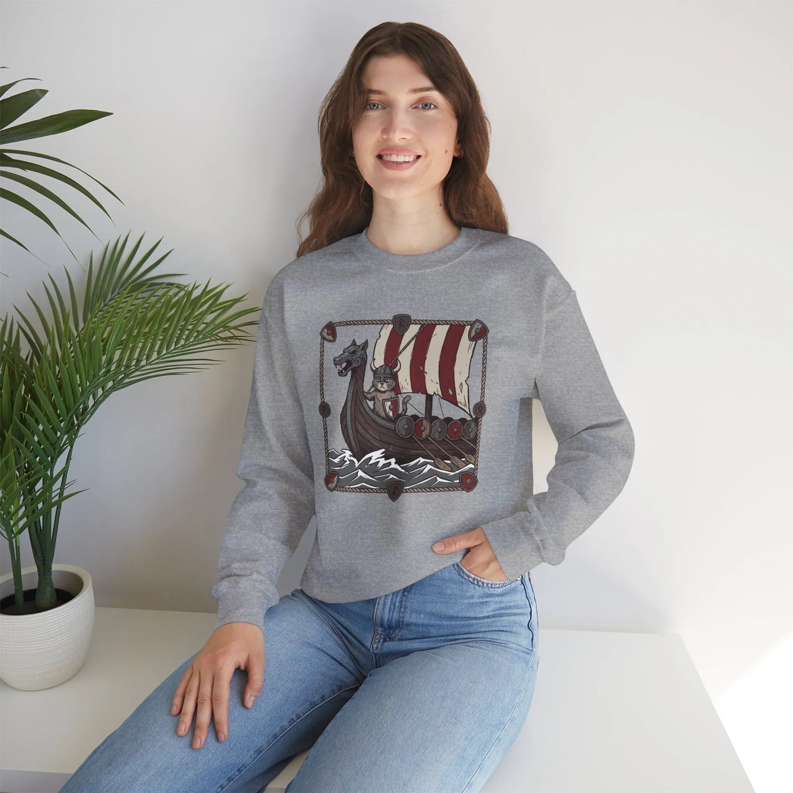 Longship Prow Viking Berserker Cats Sweatshirt - Heavyweight Cotton Blend Crewneck - Unisex White