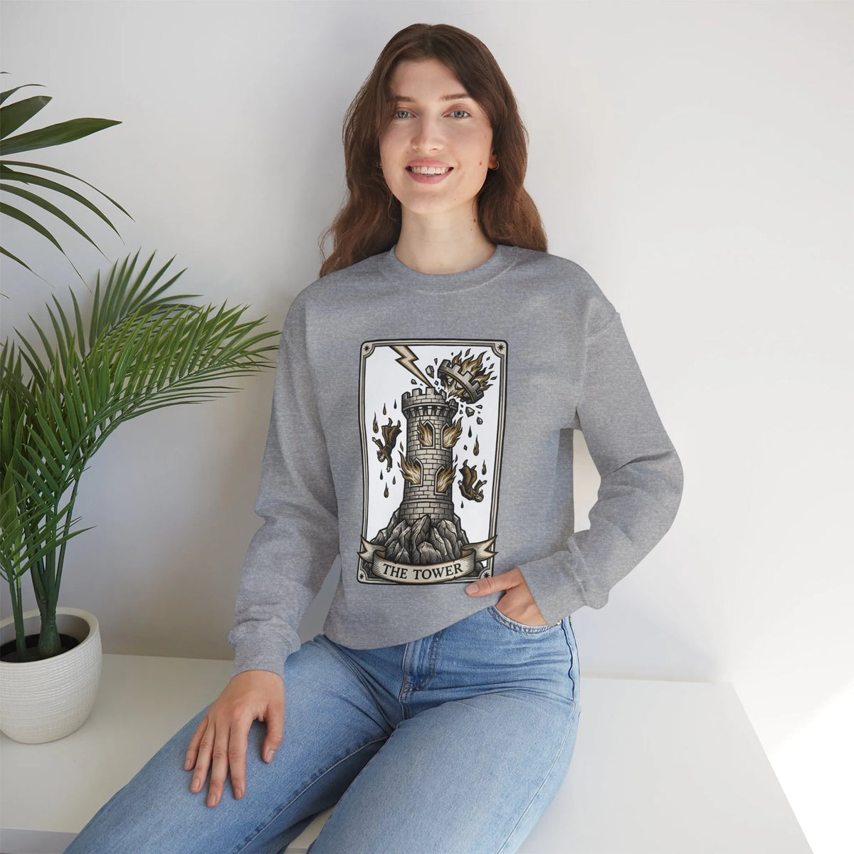 The Tower Tarot Card Sweatshirt - Heavy Blend Fleece Crewneck - Unisex White