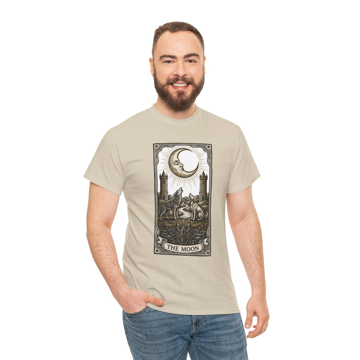 Moonlight Wolves Tarot Graphic T-Shirt - Heavy Cotton Classic Fit Crewneck - Unisex White