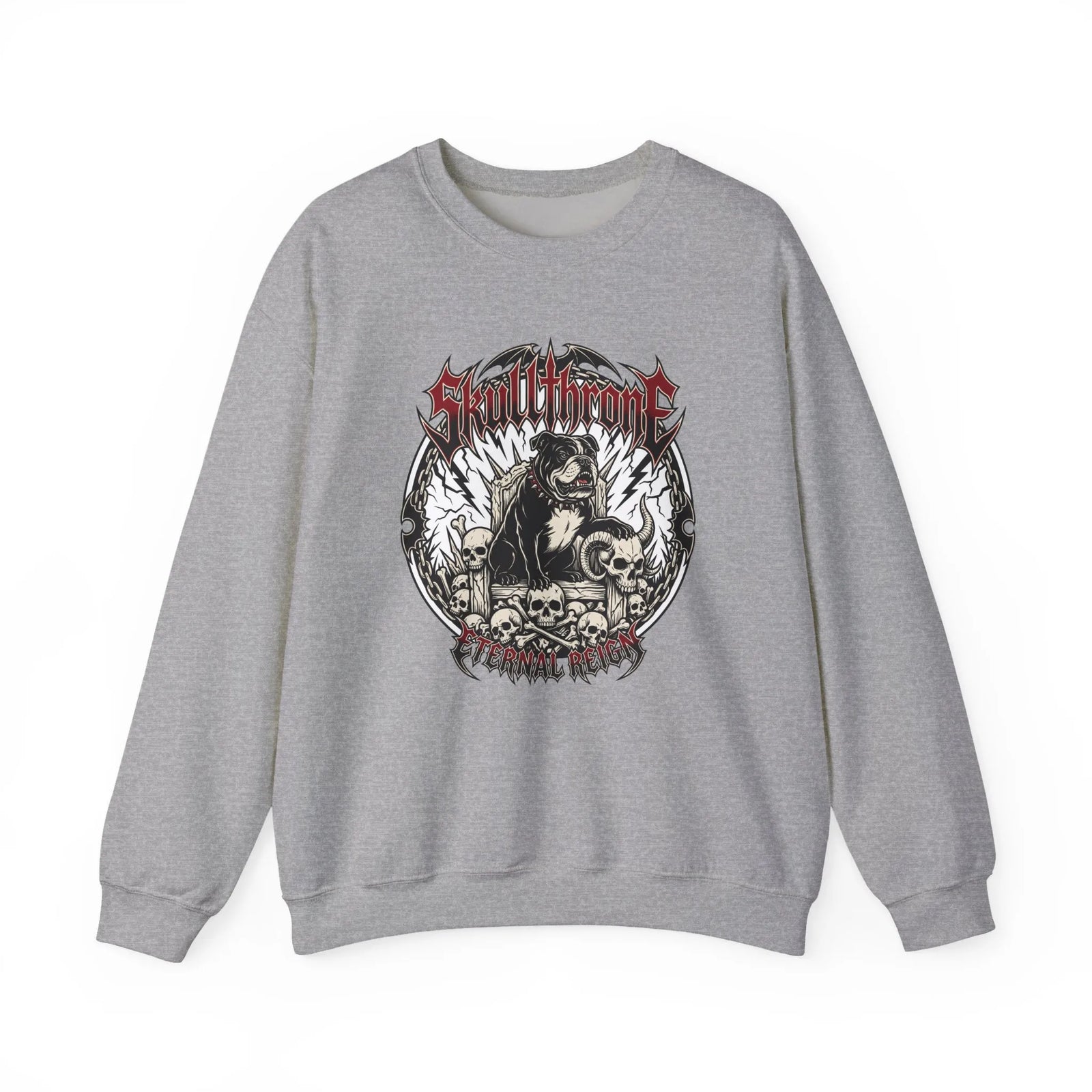Skull Throne Heavy Metal Rocker Dogs Sweatshirt - Heavy Blend Cotton Poly Crewneck - Unisex White