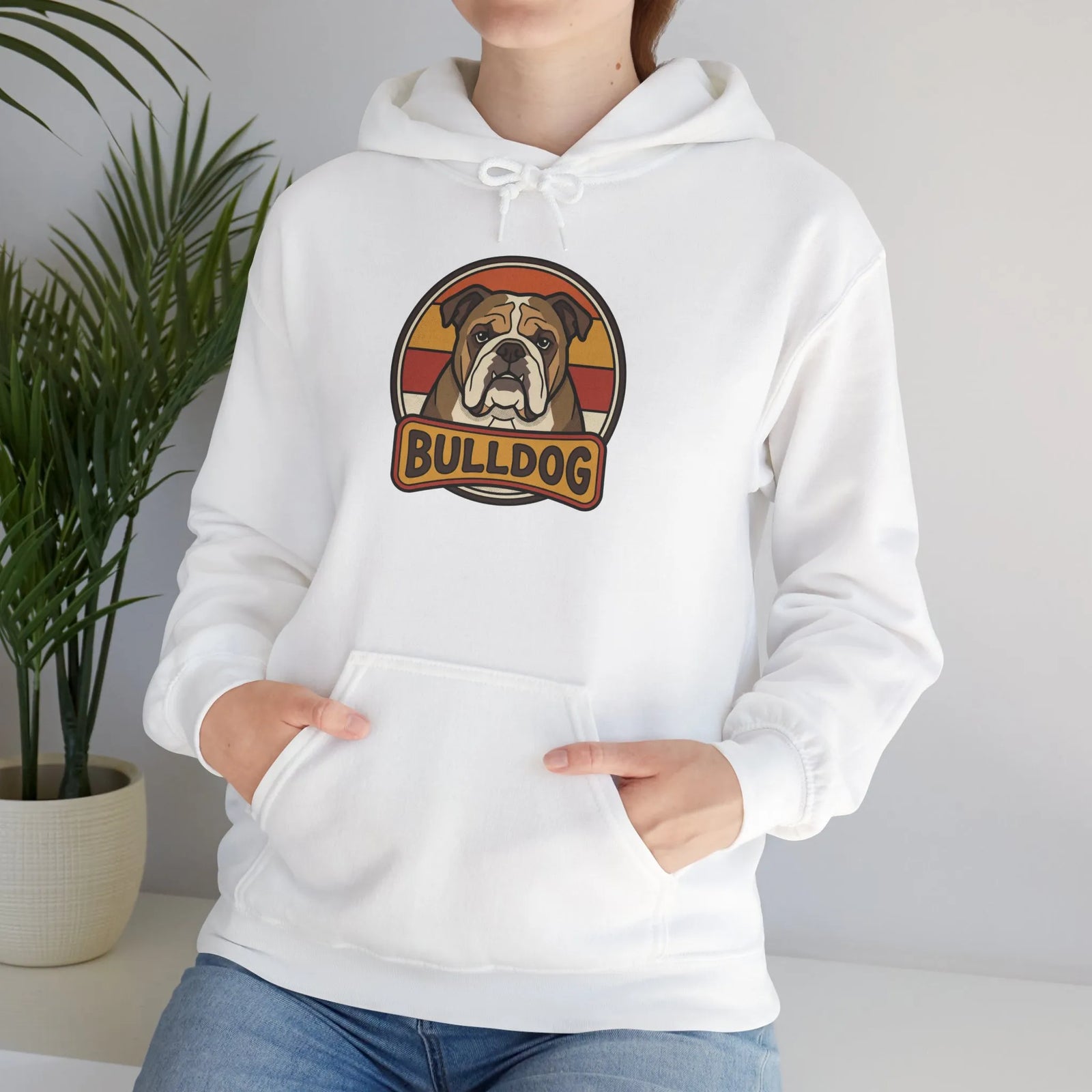 Bulldog Retro 70s Sunset Hoodie - Heavy Blend Fleece Pullover - Unisex White