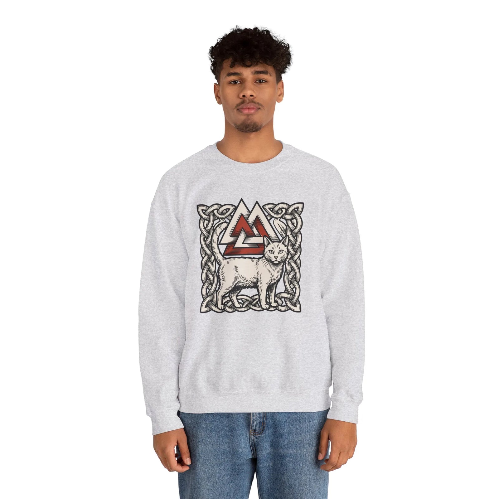 Valknut Cat Norse Mythology Sweatshirt - Heavy Blend Durable Fleece Crewneck - Unisex Off-White