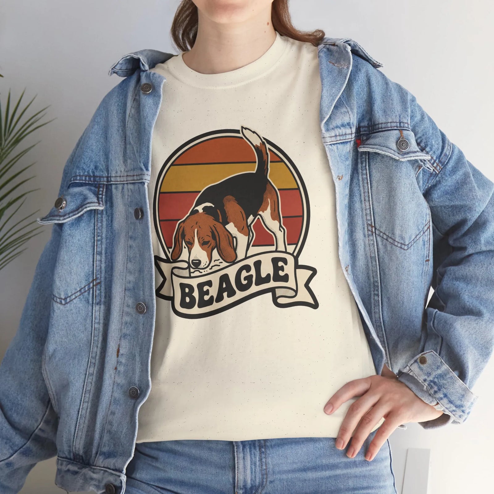Retro 70s Sunset Beagle Graphic T-Shirt - Heavy Cotton Classic Fit Tee - Unisex White