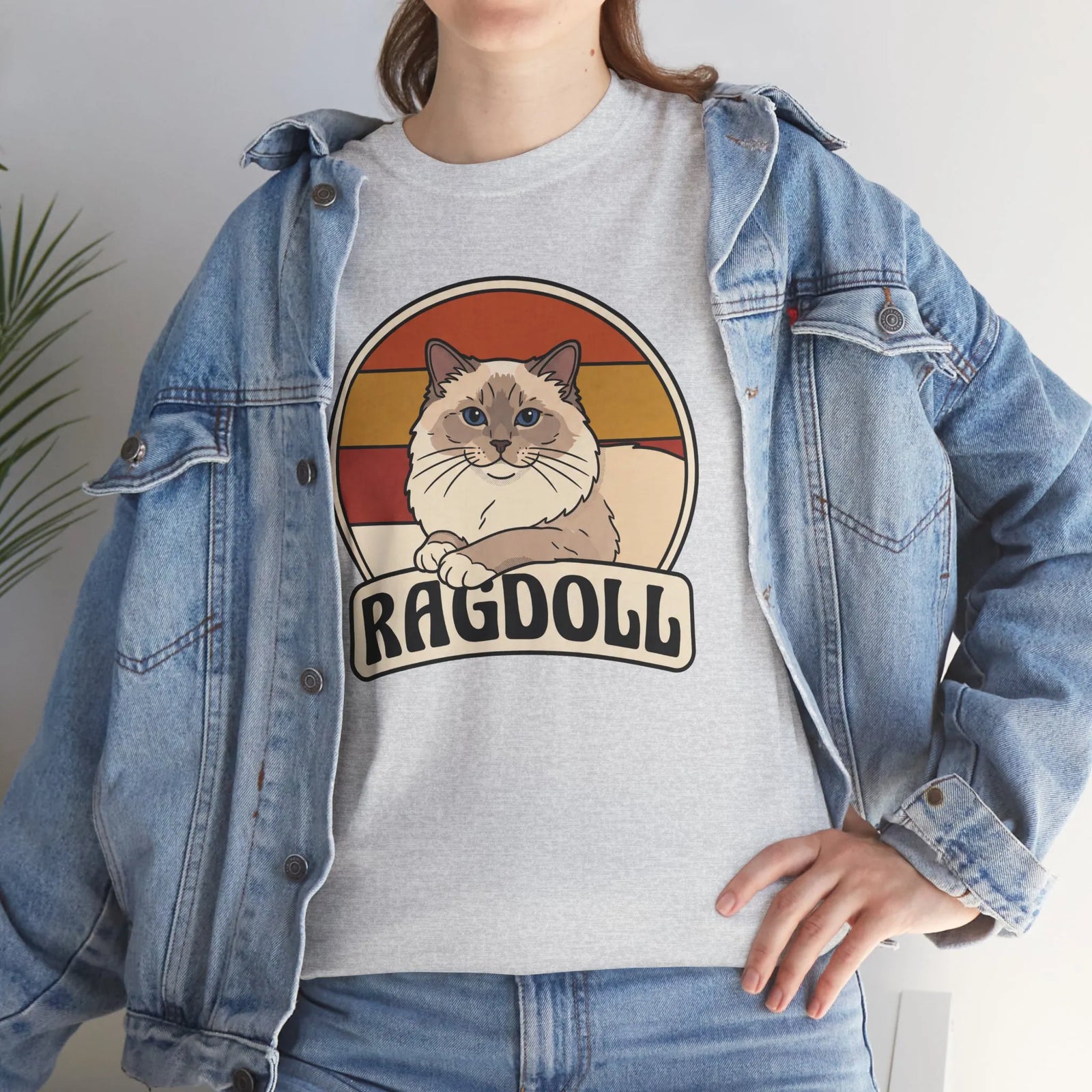 Ragdoll Cat Retro Sunset T-Shirt - Heavyweight Cotton Classic Tee - Unisex White