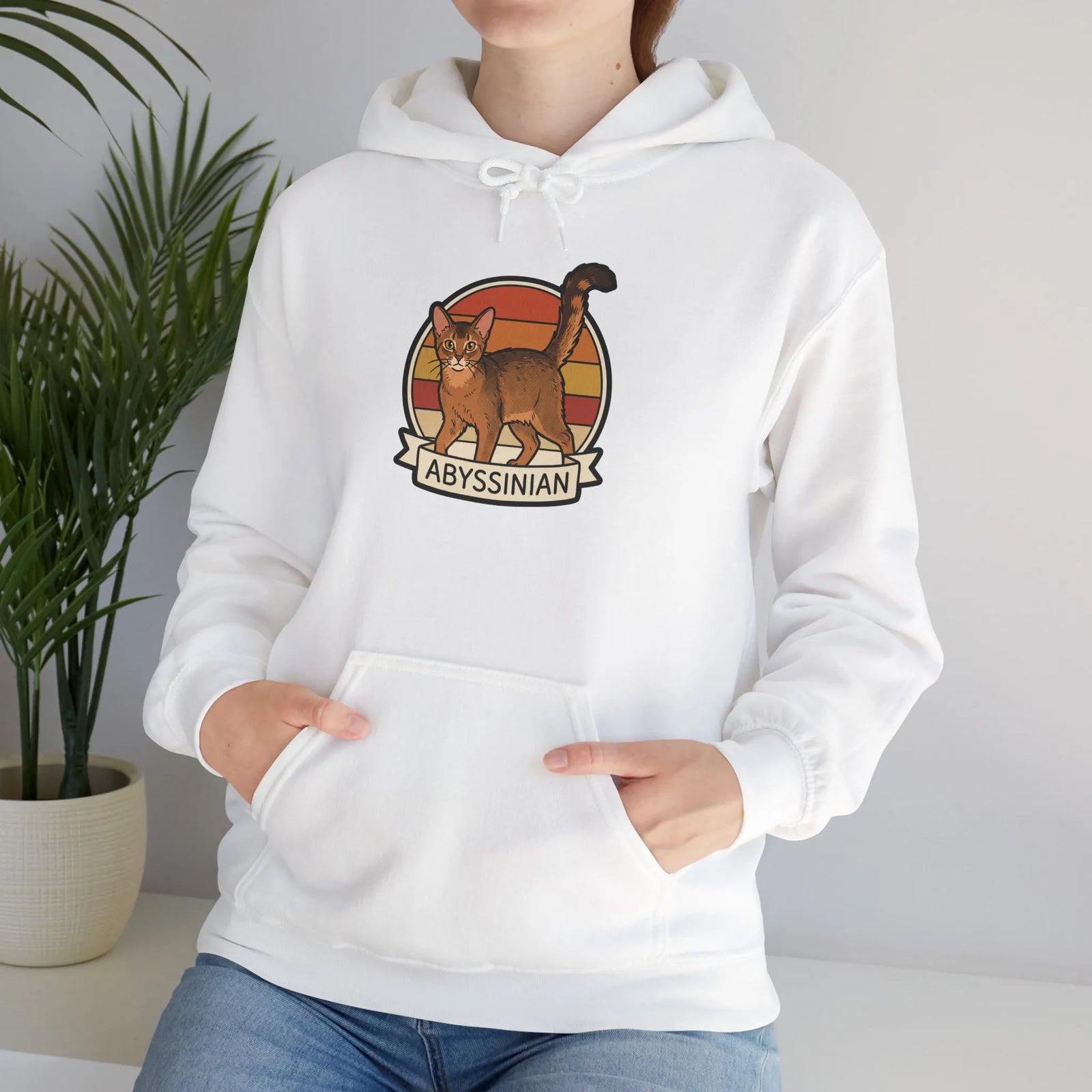 Abyssinian Cat Retro Sunset Hoodie - Heavy Blend Fleece Pullover - Unisex White