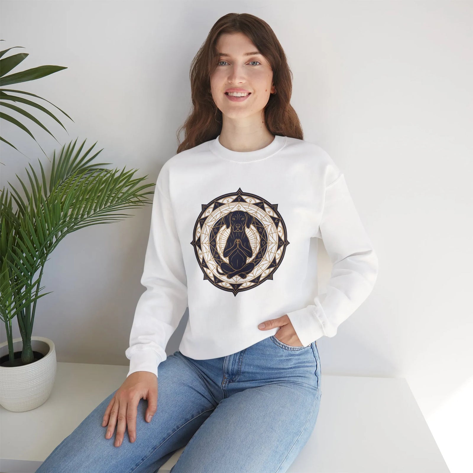 Meditating Dog Sacred Geometry Sweatshirt - Heavy Blend Fleece Crewneck - Unisex White