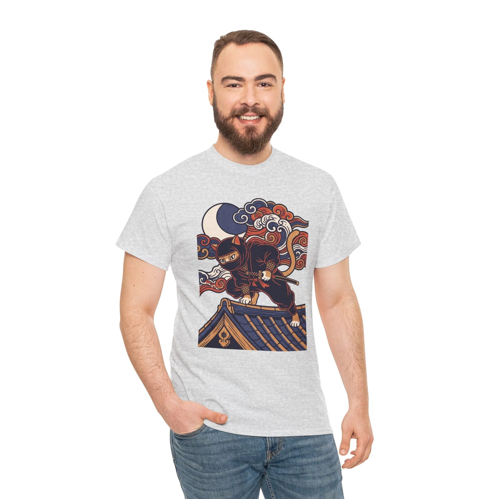 Ukiyo-e Samurai Cat Ninja T-Shirt - 100% Cotton Classic Fit Tee - Unisex White