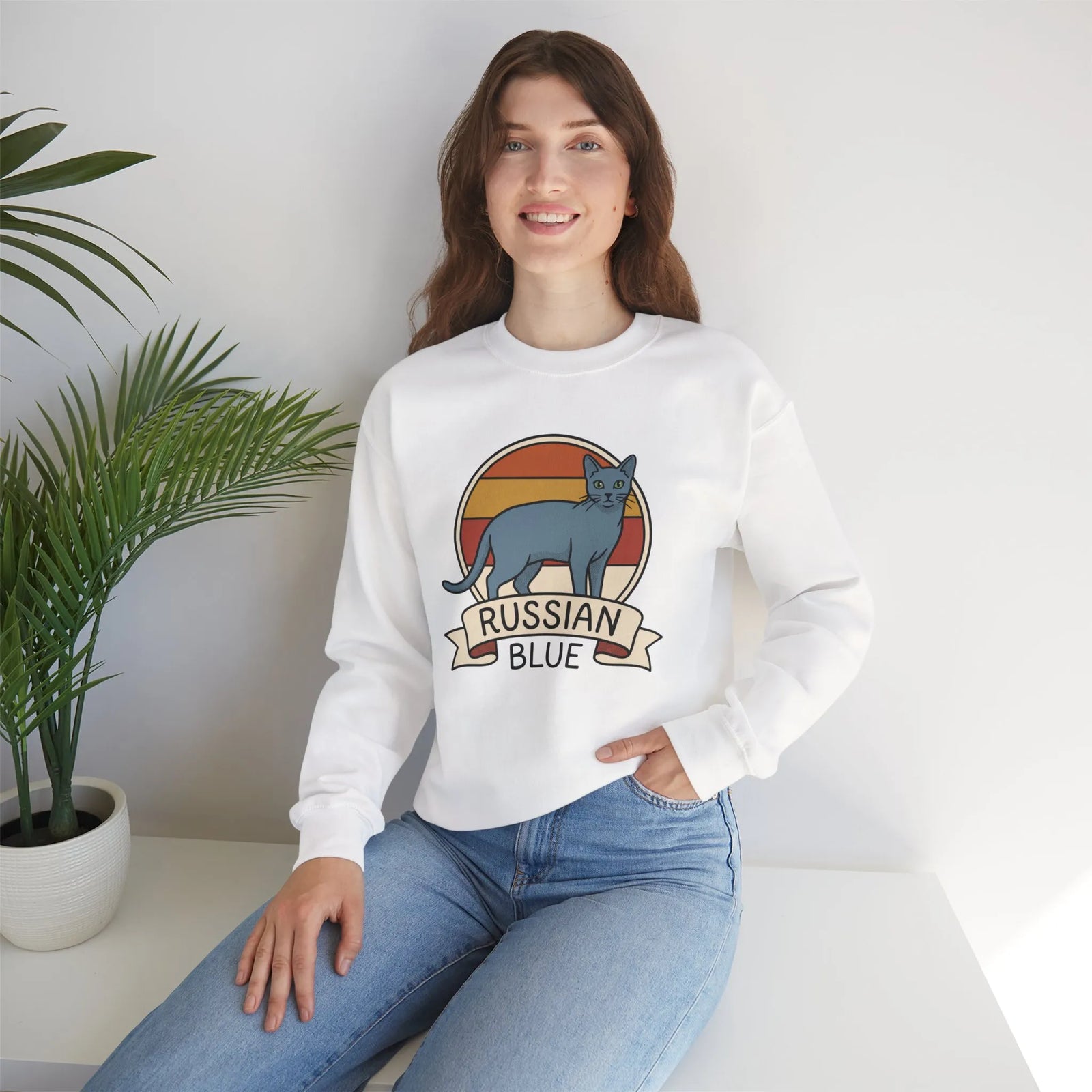 Russian Blue Retro 70s Sunset Sweatshirt - Heavy Blend Crewneck - Unisex White