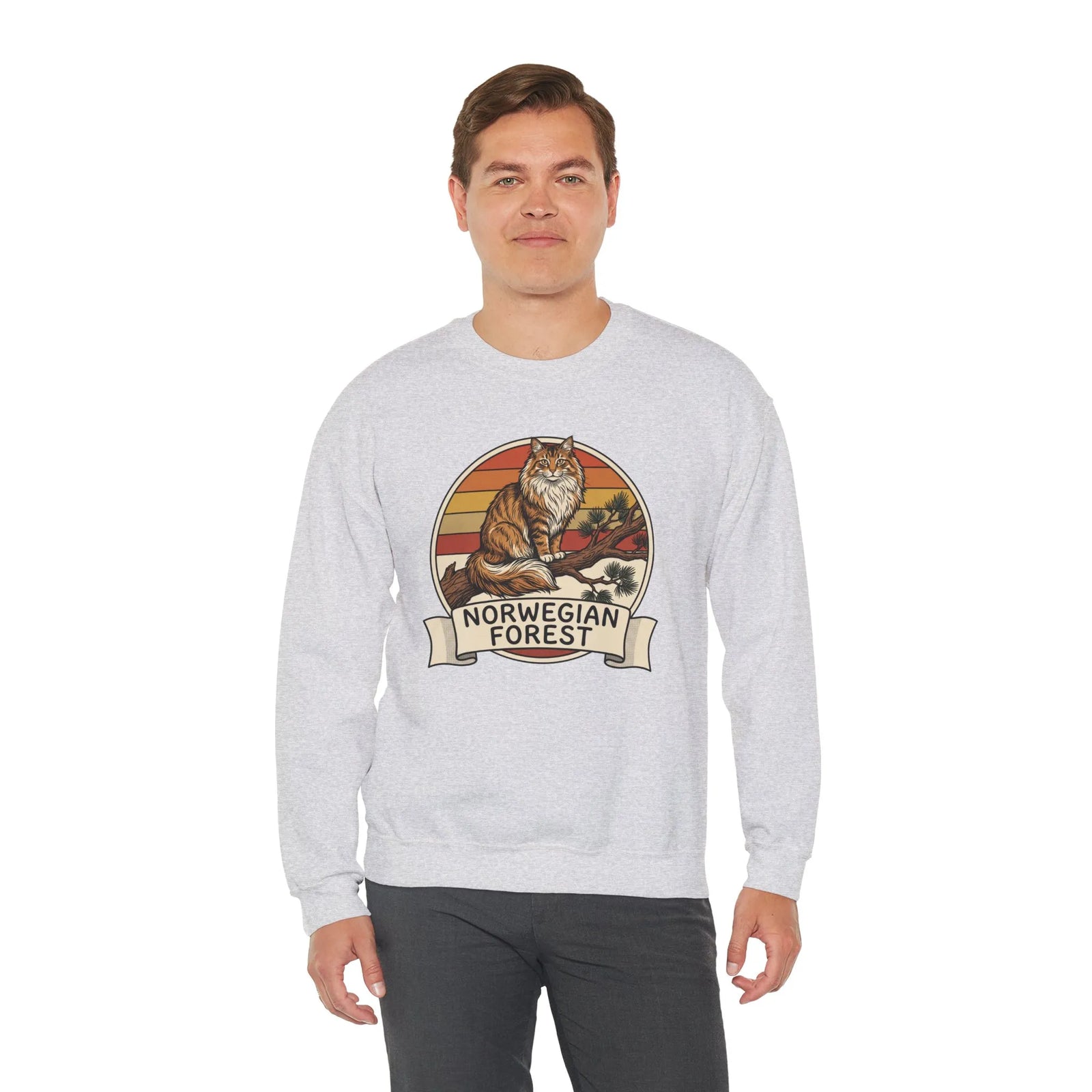Norwegian Forest Cat Retro Sunset Sweatshirt - Heavy Blend Fleece Crewneck - Unisex White