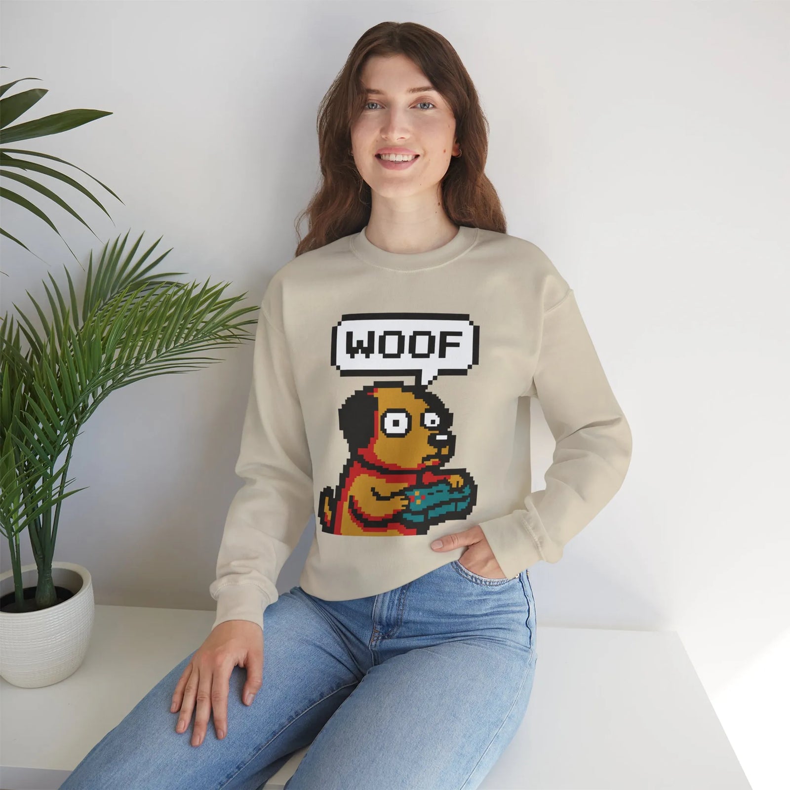8-Bit Pixel Gaming Dogs Sweatshirt - Heavy Blend Cotton-Poly Crewneck - Unisex White