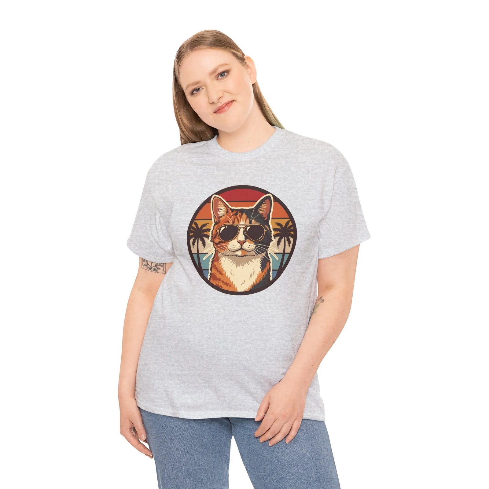 Calico Cool Cat Sunset Aviator T-Shirt - Heavy Cotton Classic Fit Tee - Unisex White