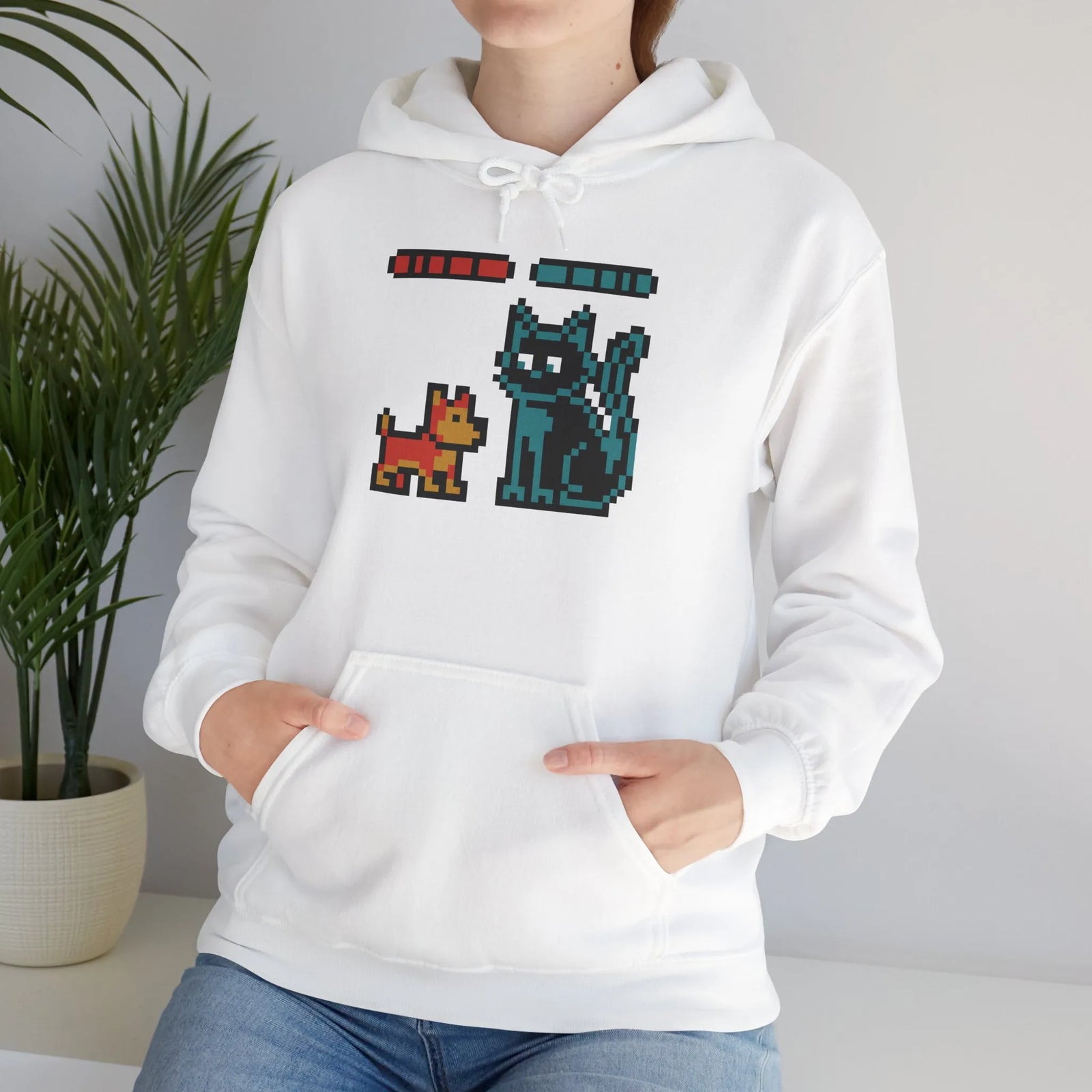 Boss Fight 8-Bit Pixel Gaming Dogs Hoodie - Medium Weight Cotton Blend Pullover - Unisex White