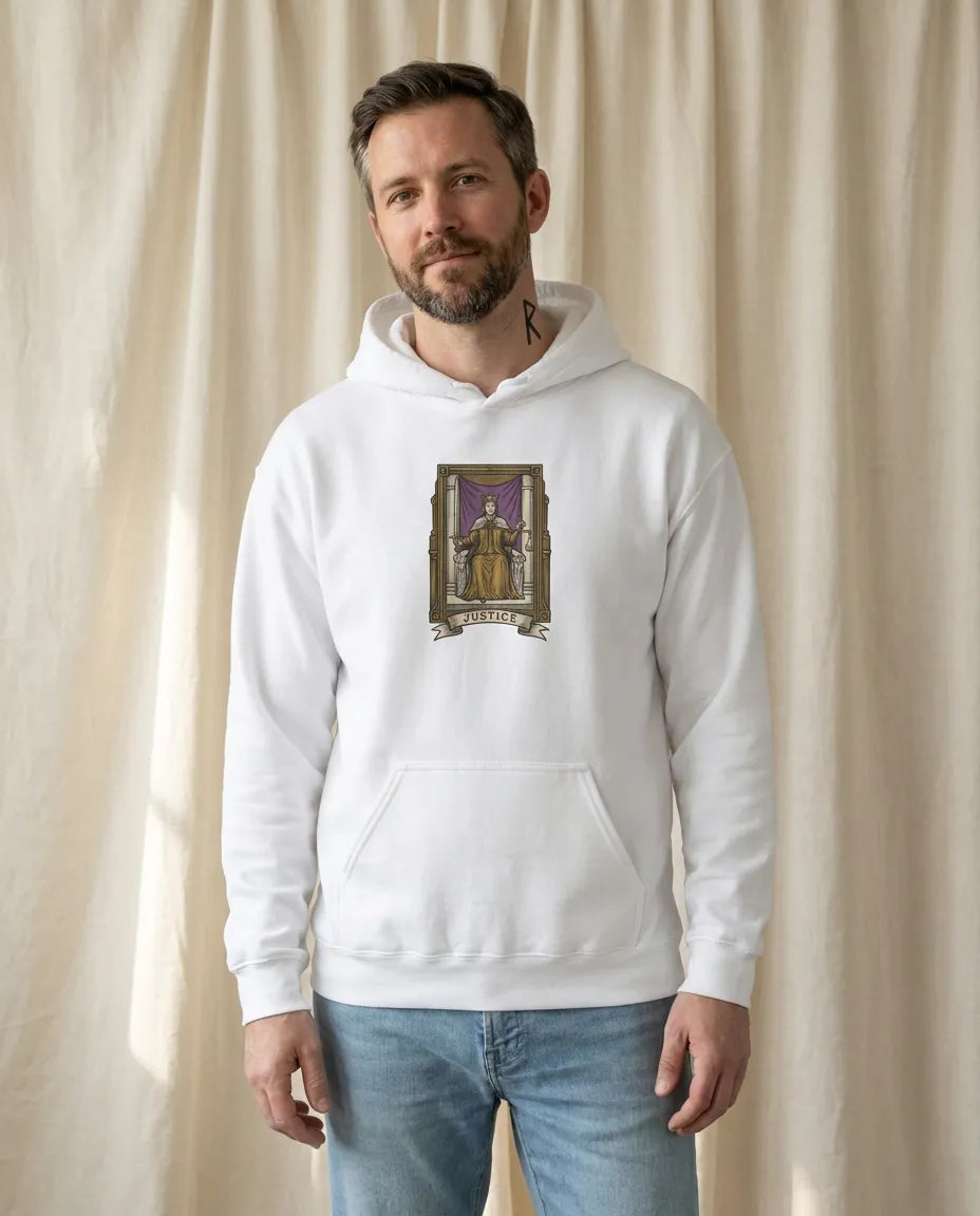 Justice Tarot Card Hoodie - Heavyweight Cotton Blend Pullover - Unisex White