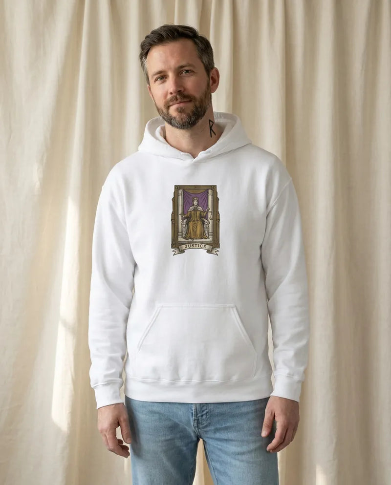 Justice Tarot Card Hoodie - Heavyweight Cotton Blend Pullover - Unisex White