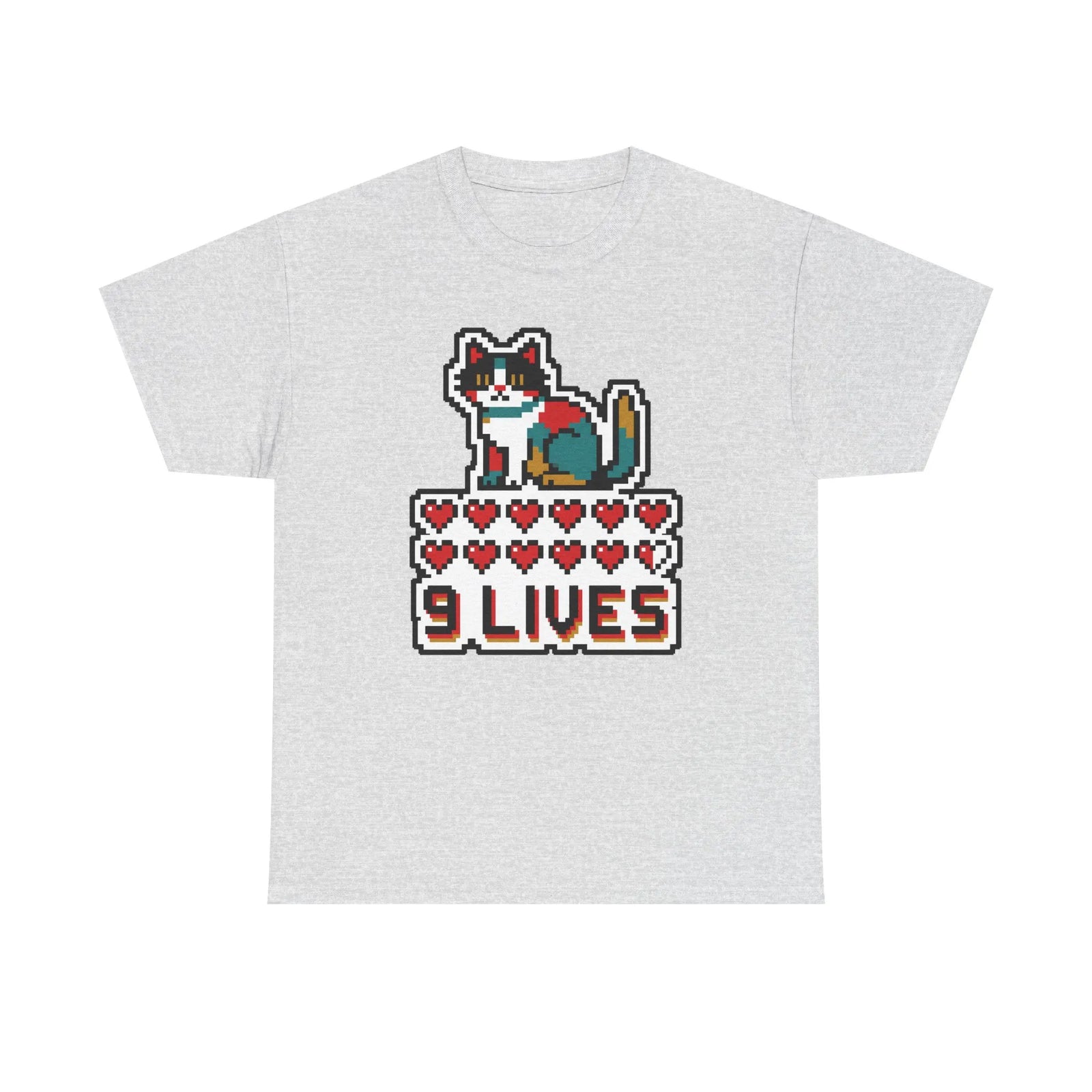 Nine Lives 8-Bit Pixel Gaming Cat T-Shirt - Heavy Cotton Classic Fit - Unisex White