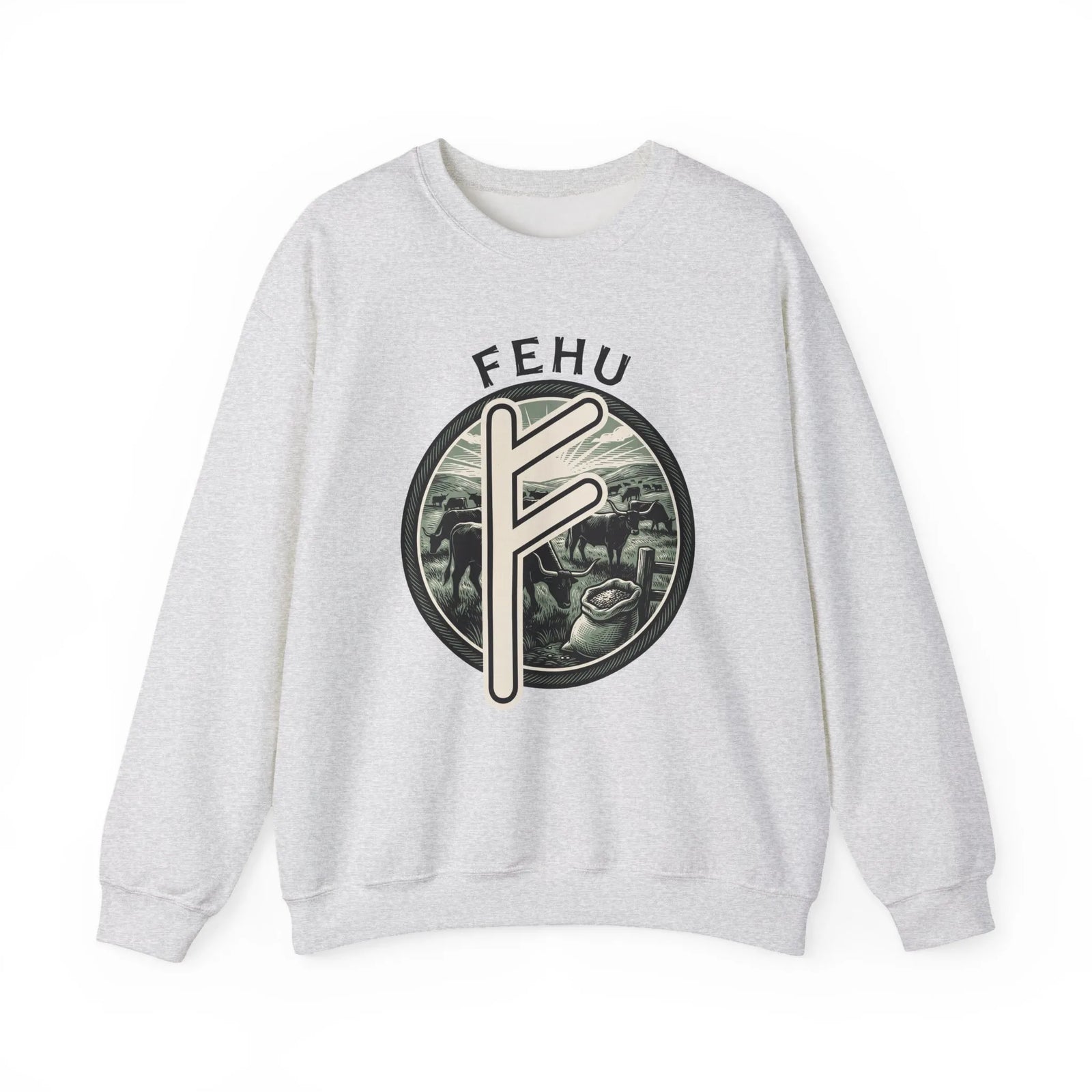 Fehu Rune Wealth Graphic Sweatshirt - Heavyweight 50/50 Fleece Crewneck - Unisex White