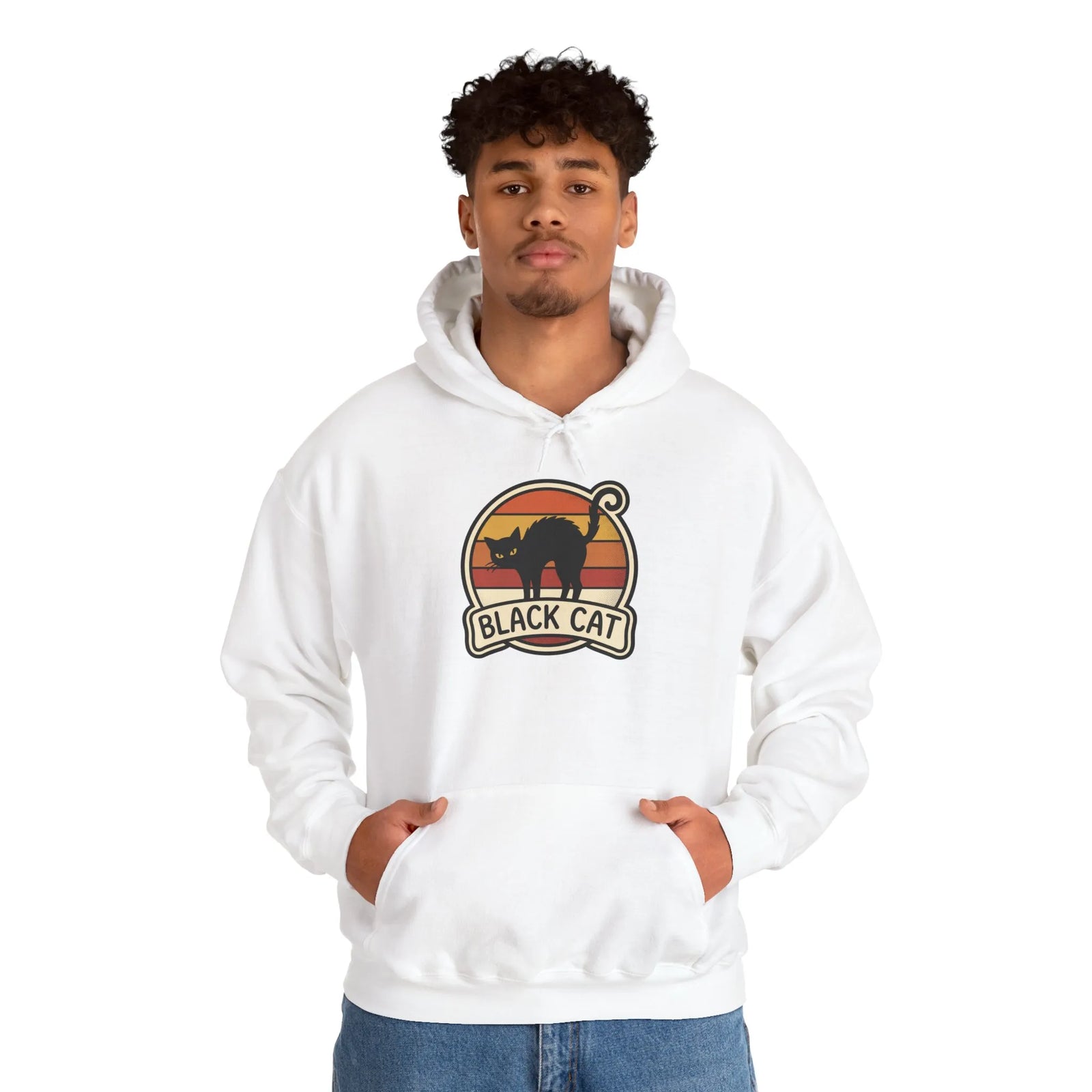 Black Cat Retro Sunset Hoodie - Heavy Blend Cotton-Poly Fleece - Unisex White