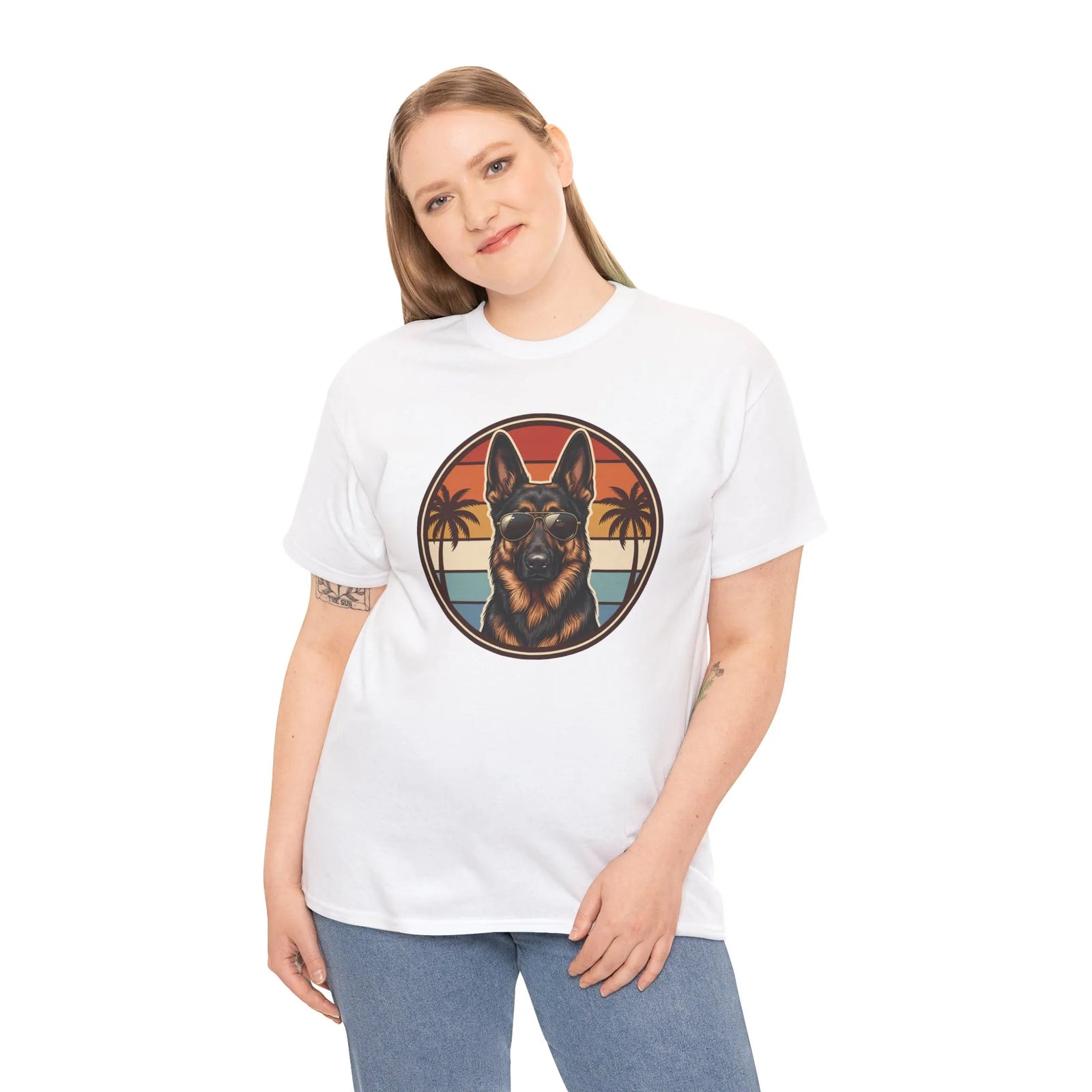 German Shepherd 70s Sunset Aviators T-Shirt - Heavy Cotton Classic Fit Tee - Unisex White