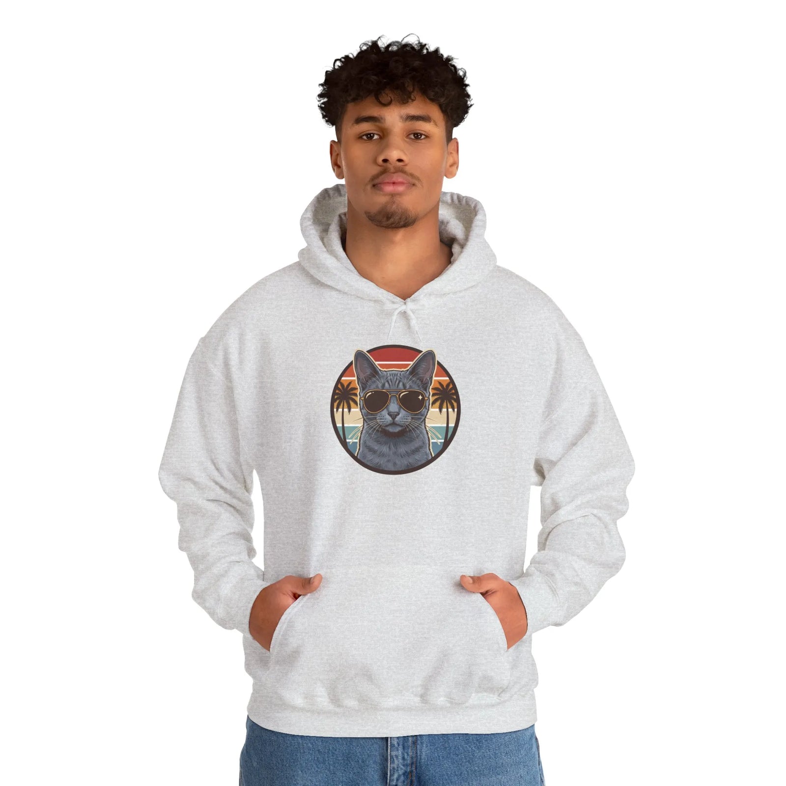 Russian Blue Aviator Cat 70s Sunset Hoodie - Soft Blend Fleece Pullover - Unisex White